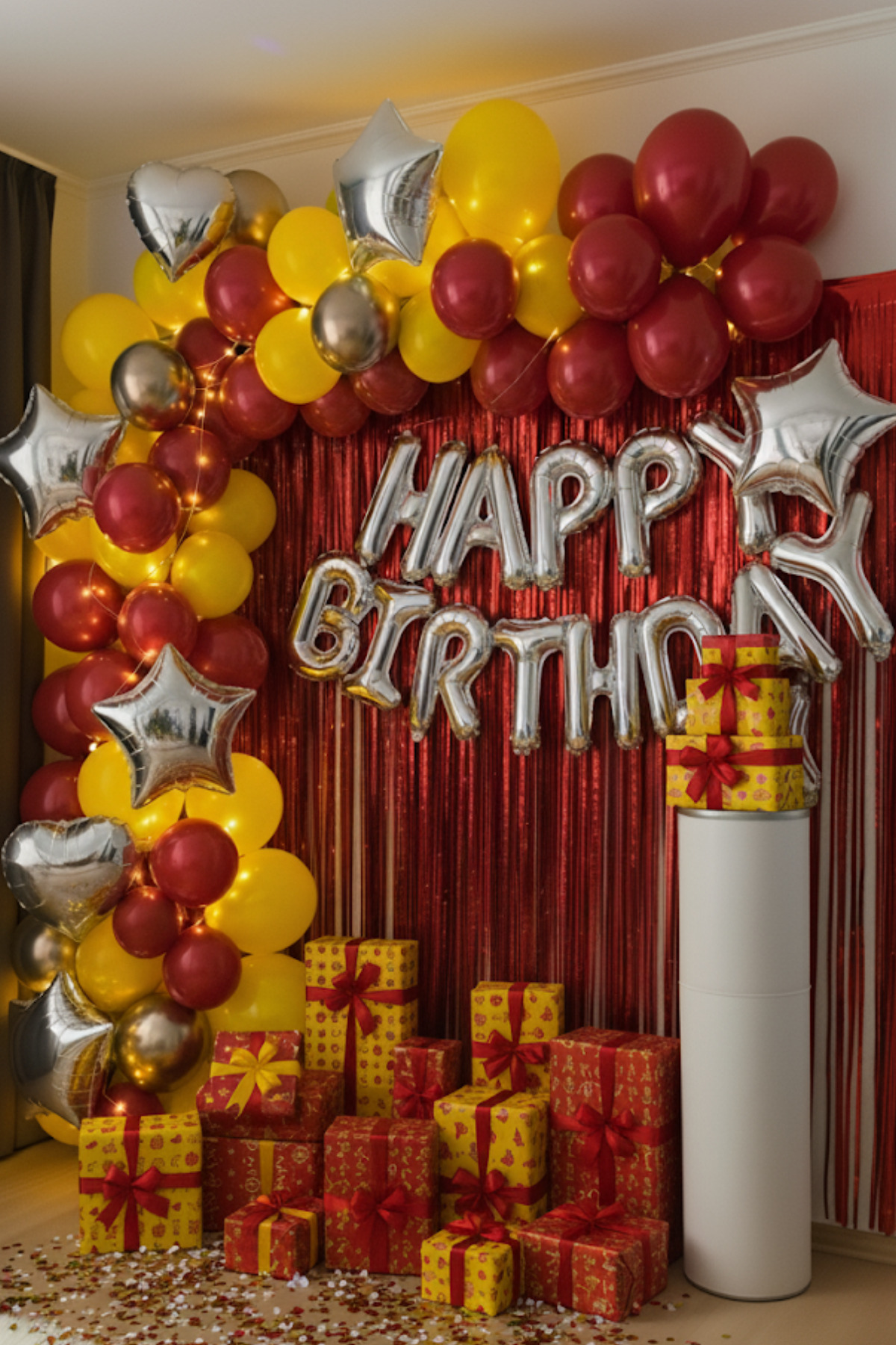 Baloncu Nene Gümüş Happy Birthday Folyo Balon Seti Sarı Kırmızı Doğum Günü Parti Süsleri