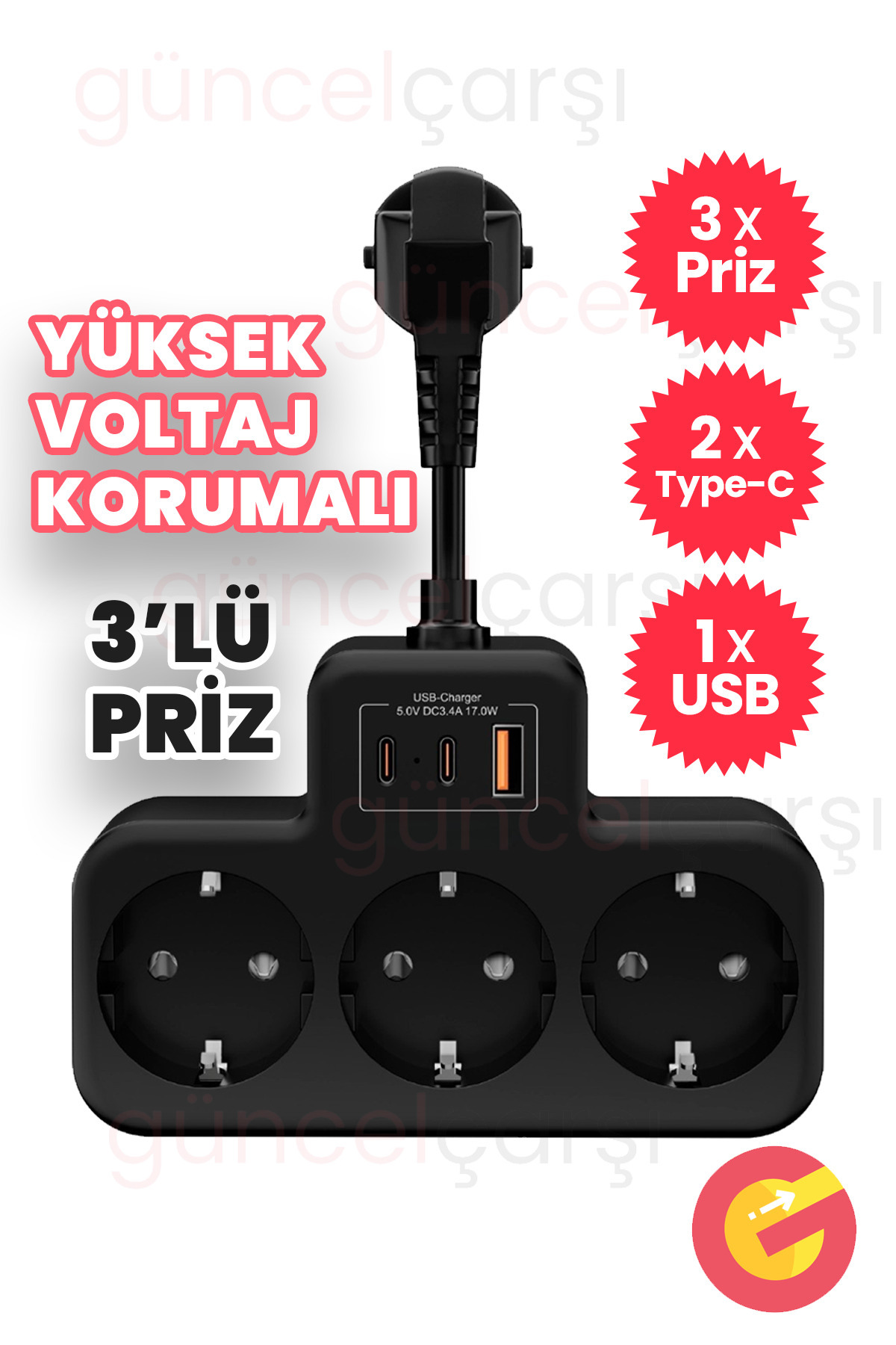 GüncelÇarşı Yüksek Voltaj Korumalı Priz, Duvar Tipi Grup Priz Çoğaltıcı, 3x Priz 2x, Type-C, 1x Usb, 16A, 3680W