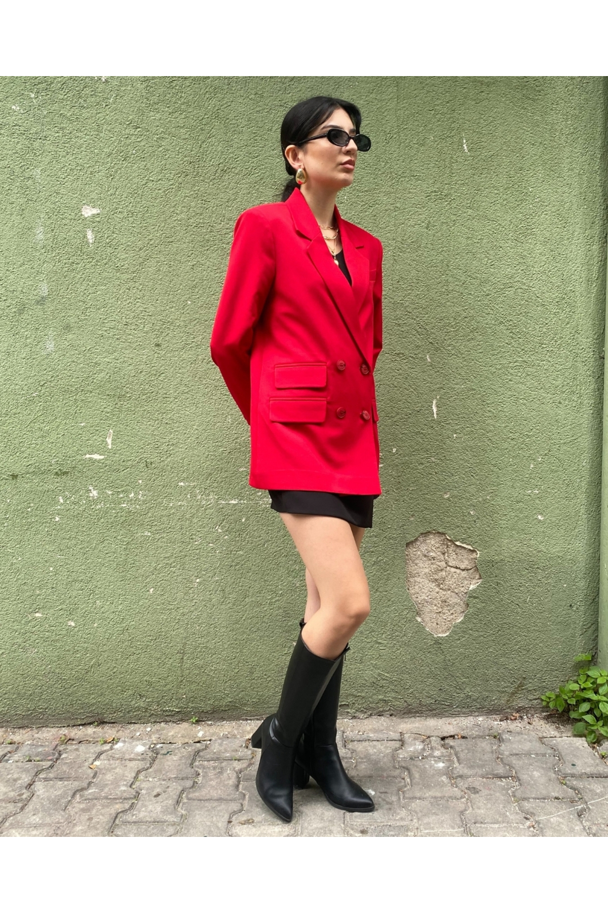 Kadın Kırmızı Kruvaze Oversize Blazer Ceket Düğme Detaylı