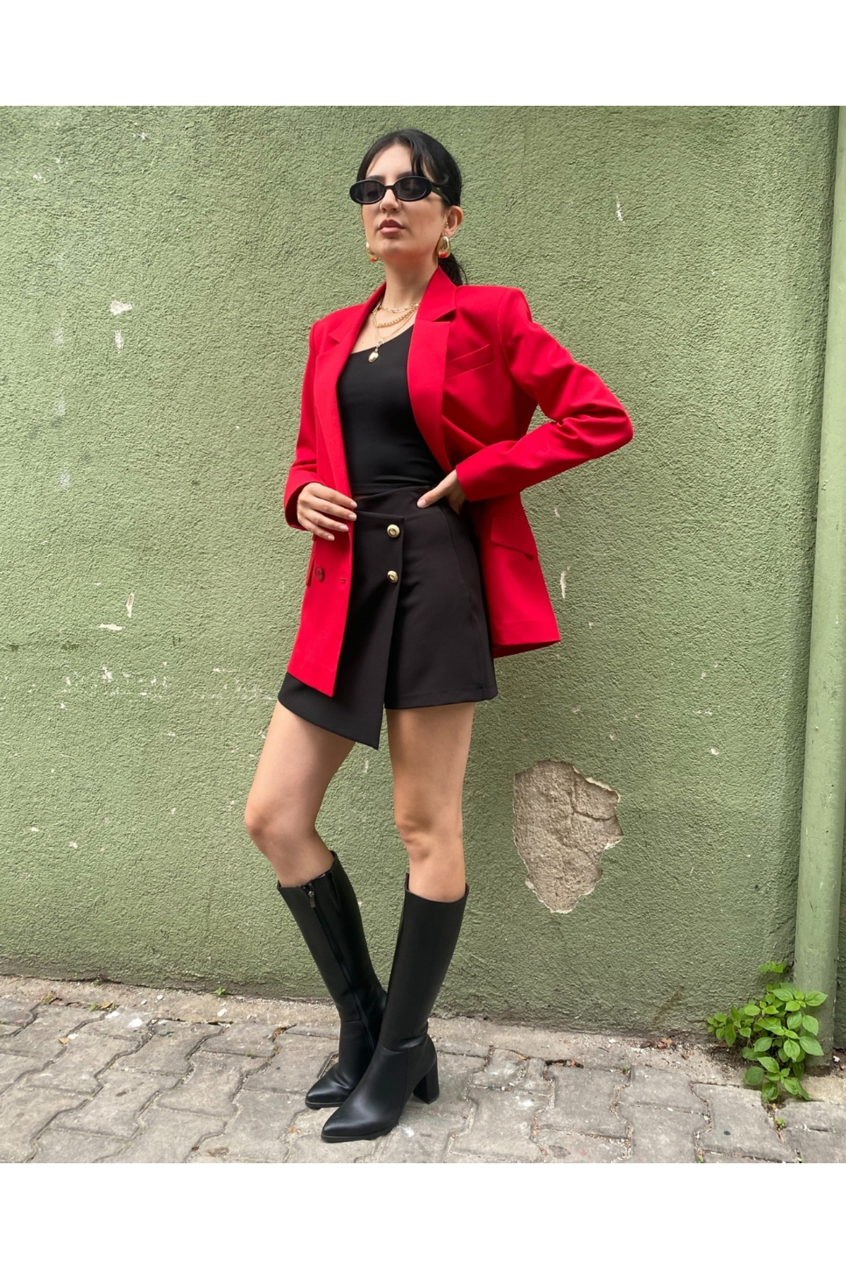 Kadın Kırmızı Kruvaze Oversize Blazer Ceket Düğme Detaylı