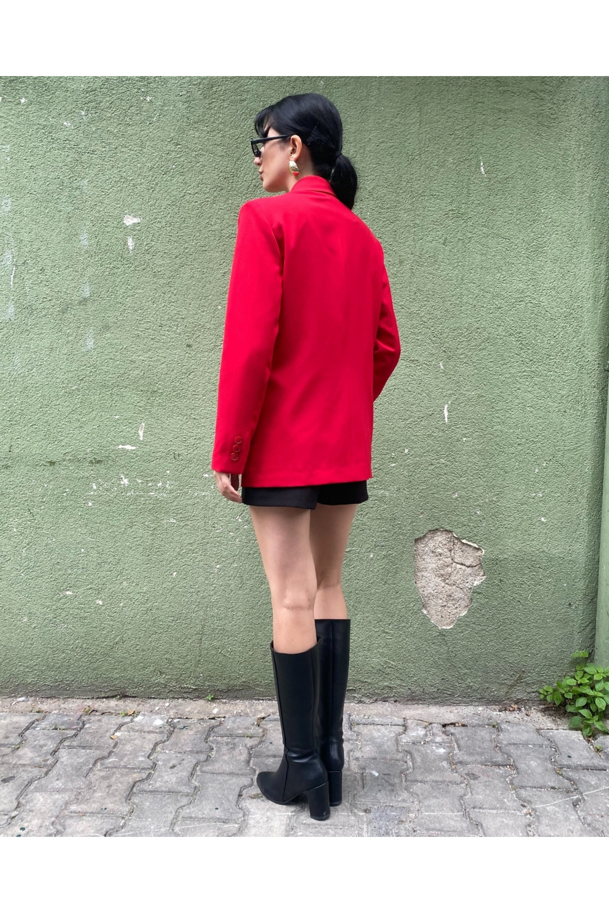 Kadın Kırmızı Kruvaze Oversize Blazer Ceket Düğme Detaylı