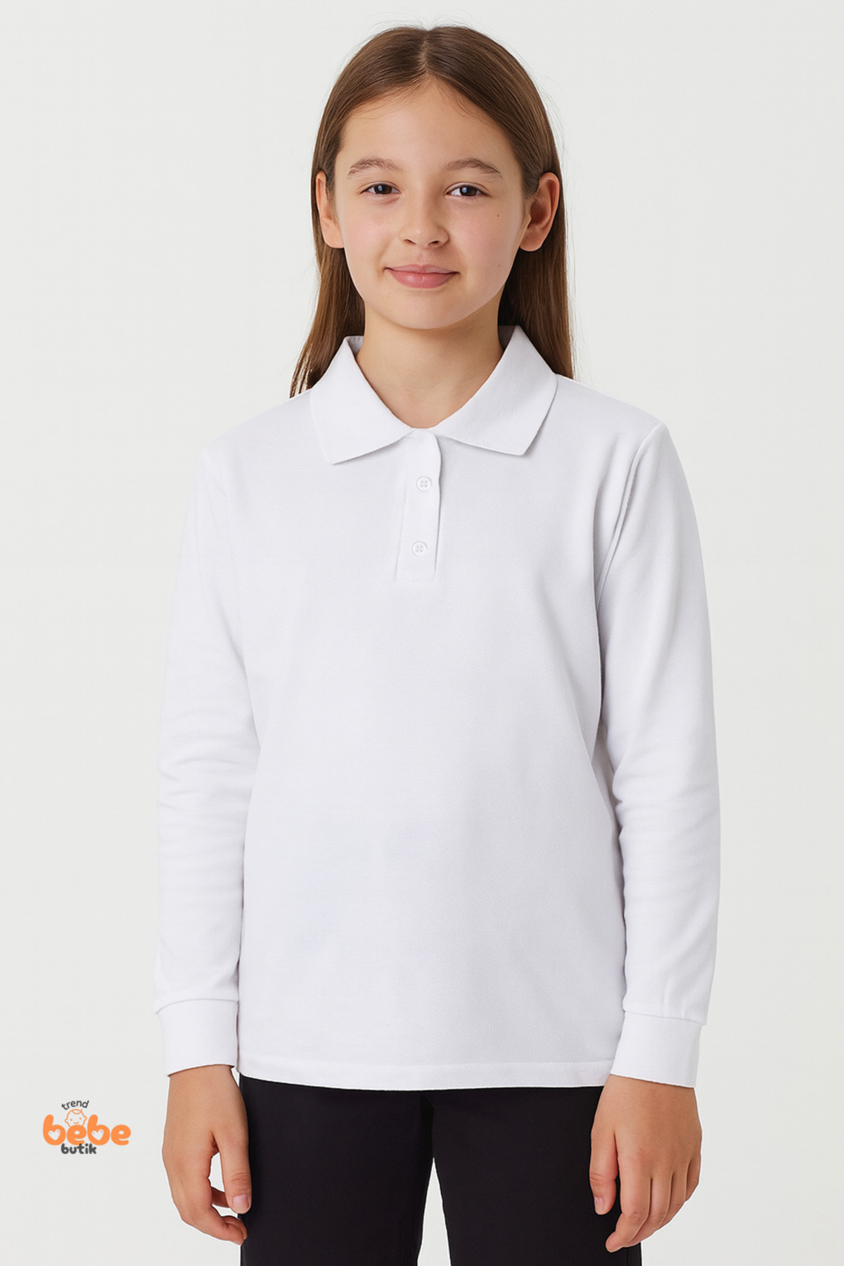 Trend Bebe Butik Beyaz Uzun Kollu Polo Yaka Okul Tişörtü – Kız Çocuk Polo Yaka Uzun Kollu Sweatshirt