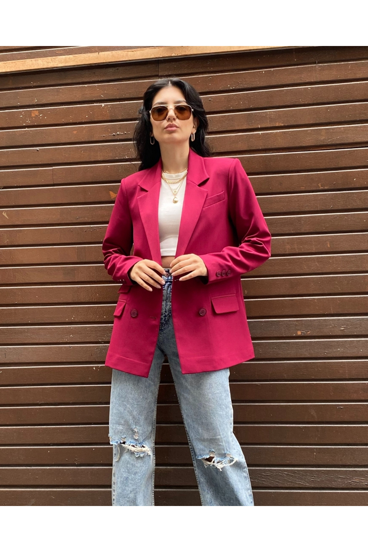 Kadın Mürdüm Kruvaze Oversize Blazer Ceket Düğme Detaylı