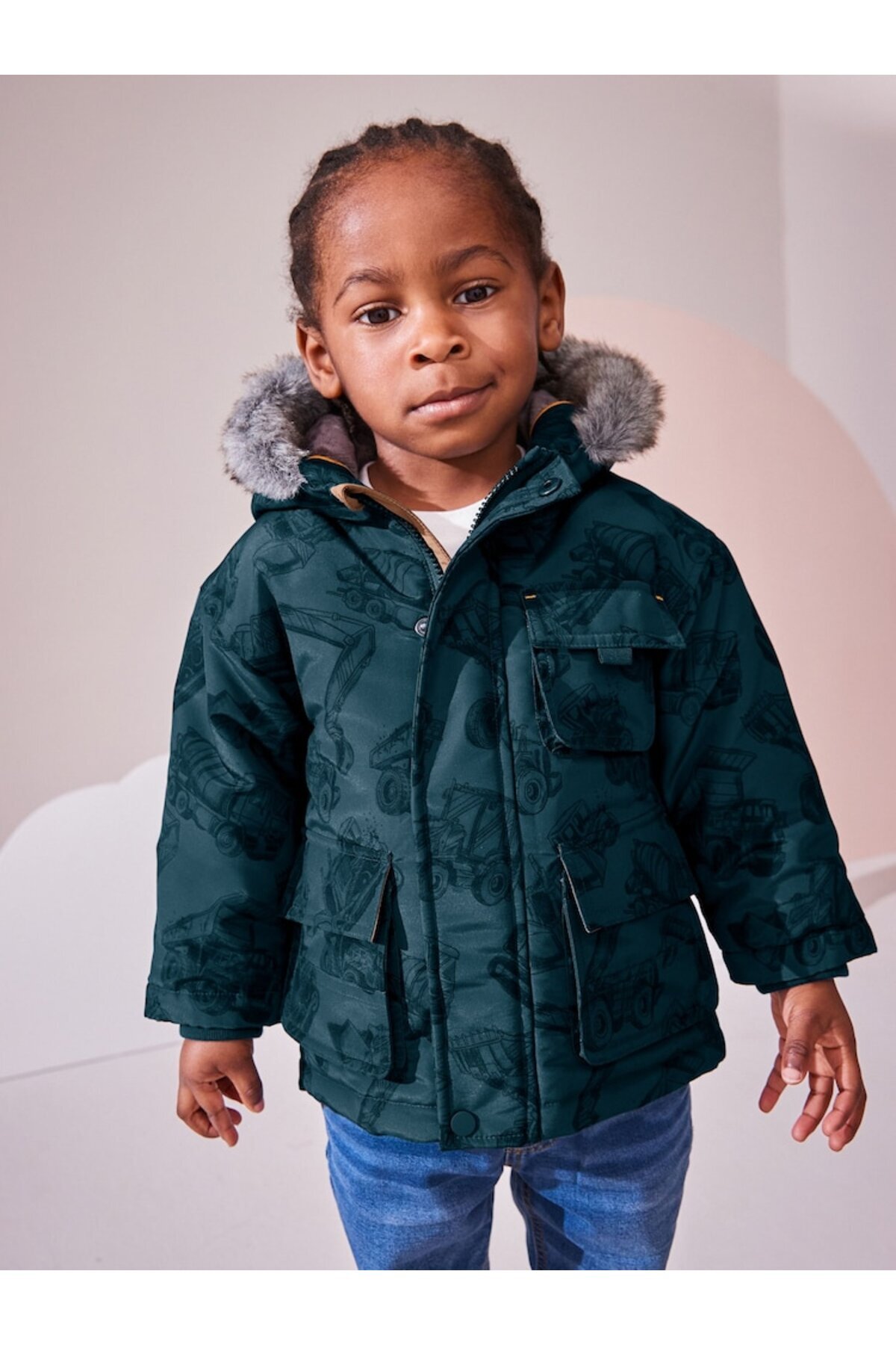 Next Baby Navy Blue Construction Machinery Patterned Hooded Water-Resistant Coat fotoğrafı 2 (önizleme)