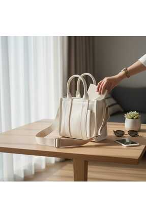 FEMORE Kadın Şık Deri Görünümlü Fermuarlı Krem Omuz ve El Çantası