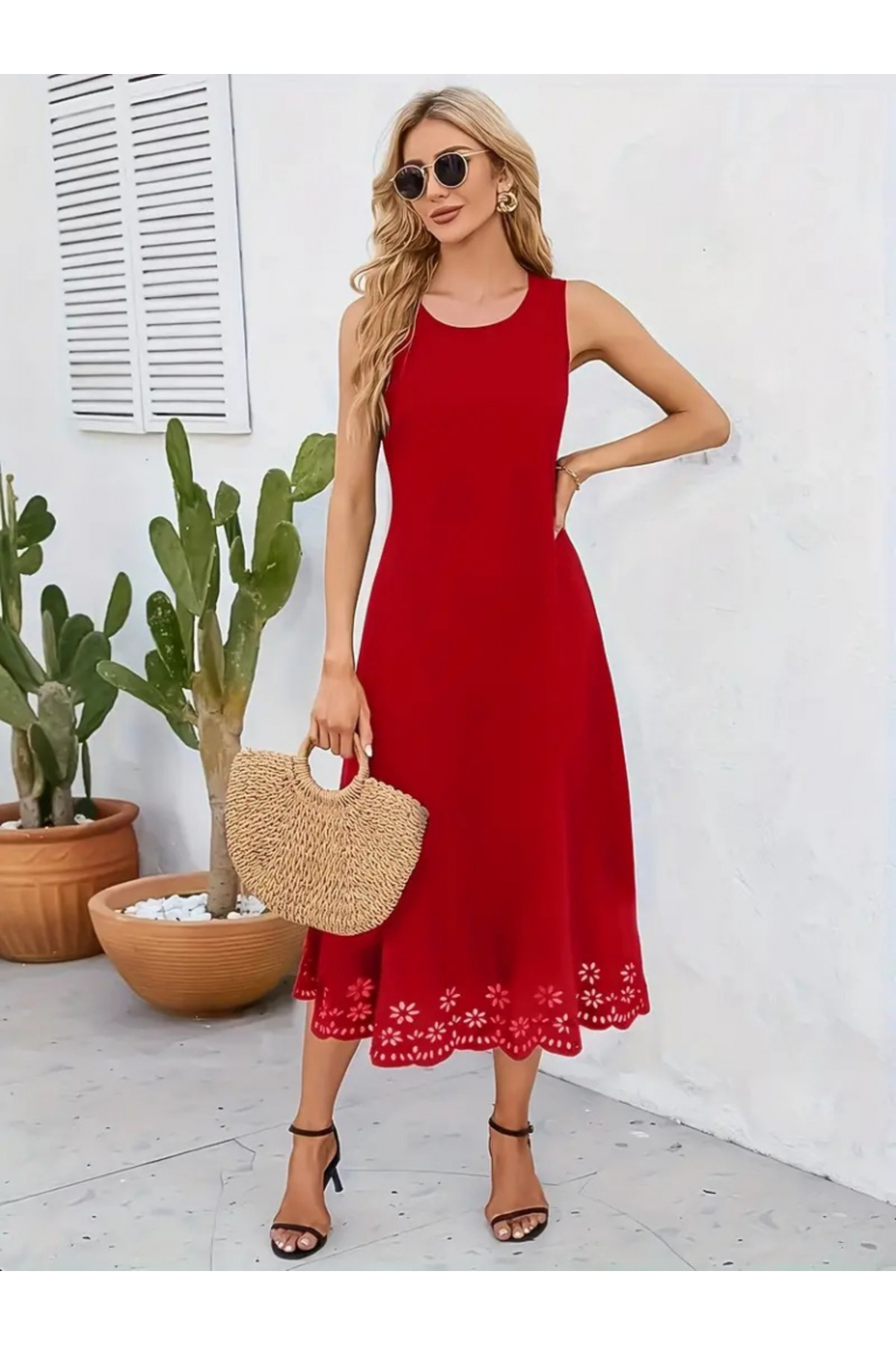 Dressify women 'S fashion WOMEN Sleeveless Hem Laser Cut Floral Pattern Midi Size Imported Crepe Dress
