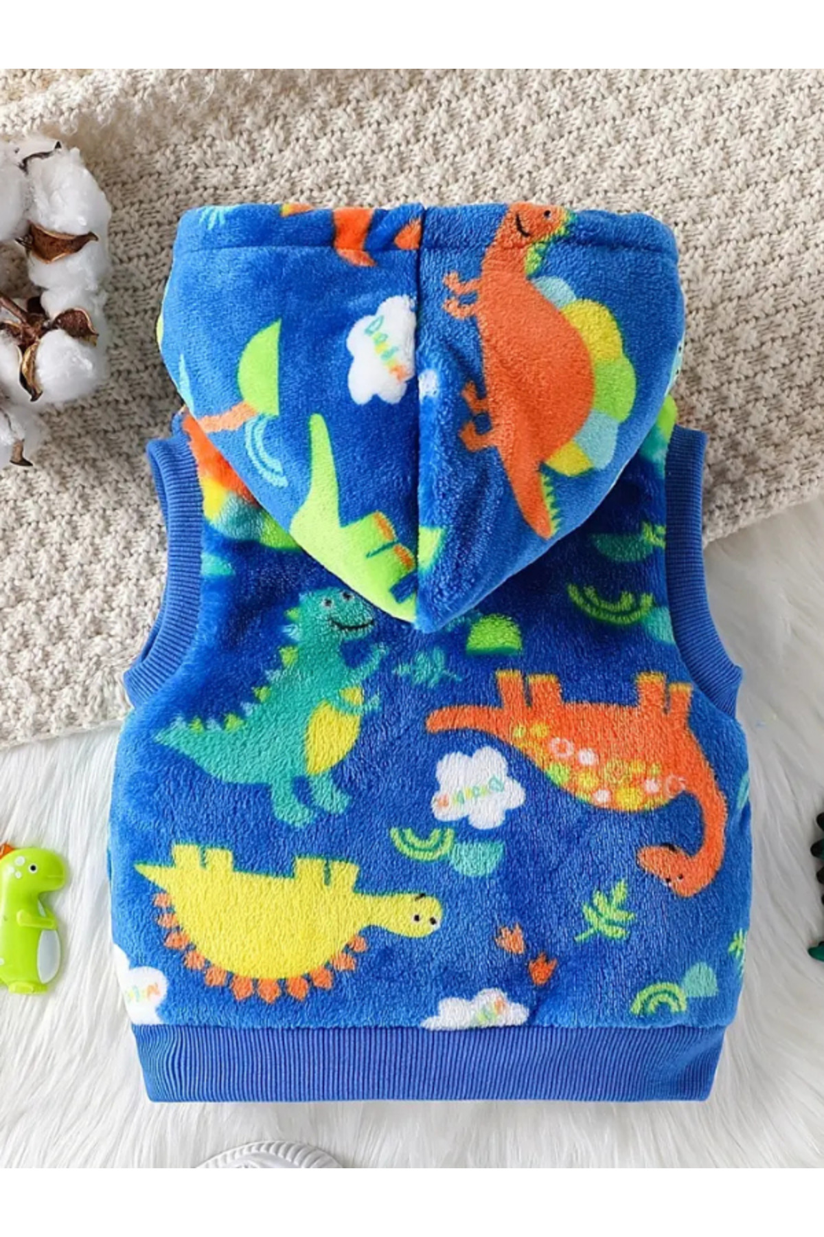 darko Erkek Çocuk Dinozorlu Yelek Peluş Kapüşonlu Dinozor Desenli Dinazor Mavi Erkek Bebek Yeleği fotoğrafı 2 (önizleme)