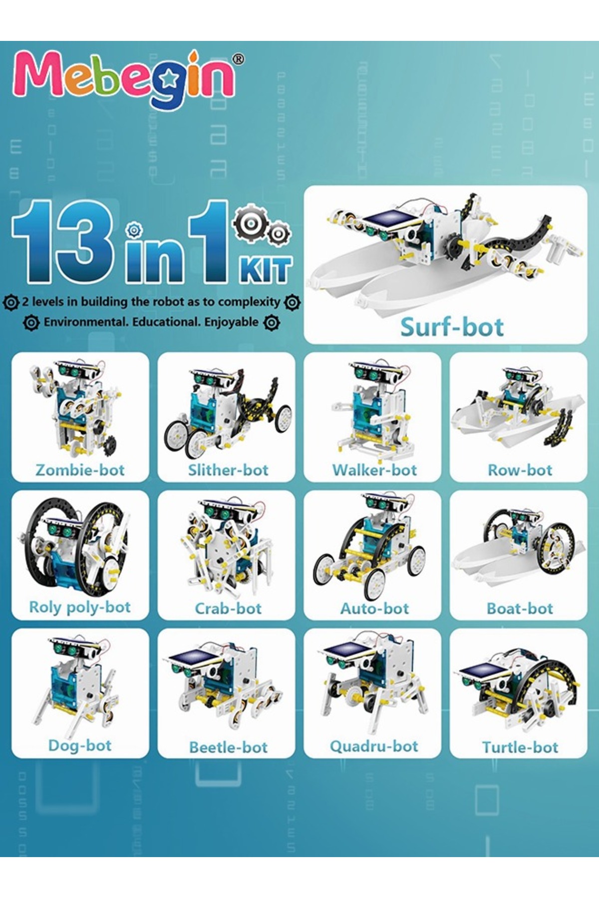 کیت آموزشی ساخت رباتهای خورشیدی ۱۳ در ۱ STEM، اسباببازی علمی، آزمایش آموزشی، رباتیک DIY، اسباببازی خورشیدی