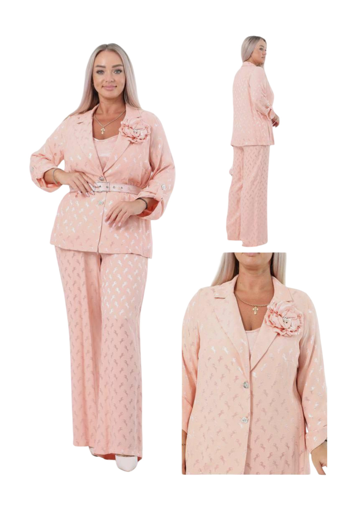 TESSY KADIN BÜYÜK BEDEN DESENLİ KEMERLİ ÜÇLÜ TAKIM