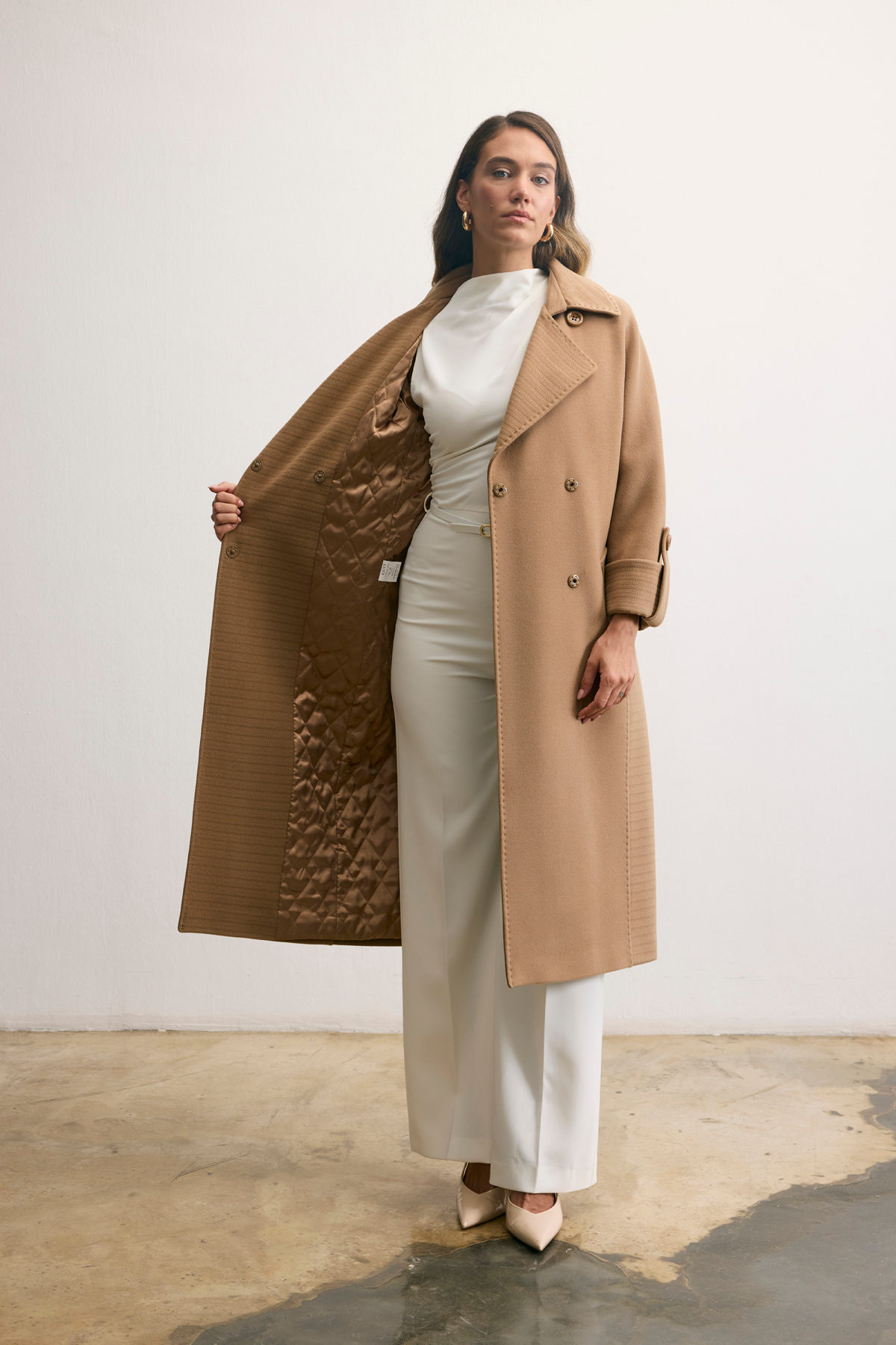 Kent  Geniş Yakalı Kuşaklı Uzun Camel Kaban - Görsel 8