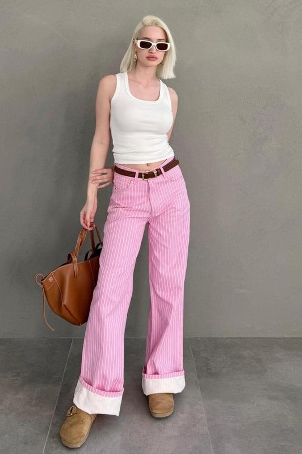 Seeh  Pembe Çizgili Kadın Jean Pantolon SH315 - Görsel 7