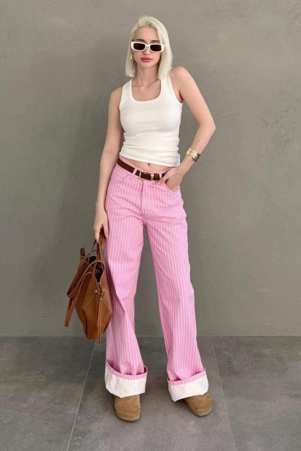 Seeh  Pembe Çizgili Kadın Jean Pantolon SH315 - Görsel 3