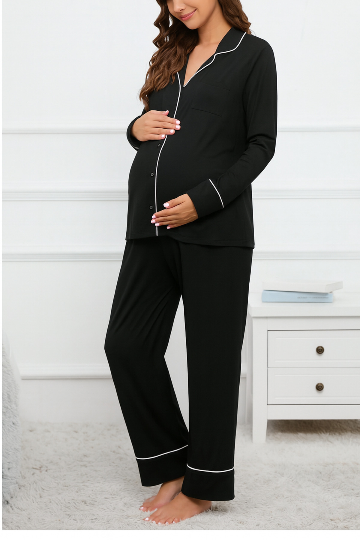 Miss Dünya Lissa Gömlek Yaka Önden Düğmeli Uzun Kol Rahat Form Hamile ve Lohusa Pijama Takımı fotoğrafı 3 (önizleme)