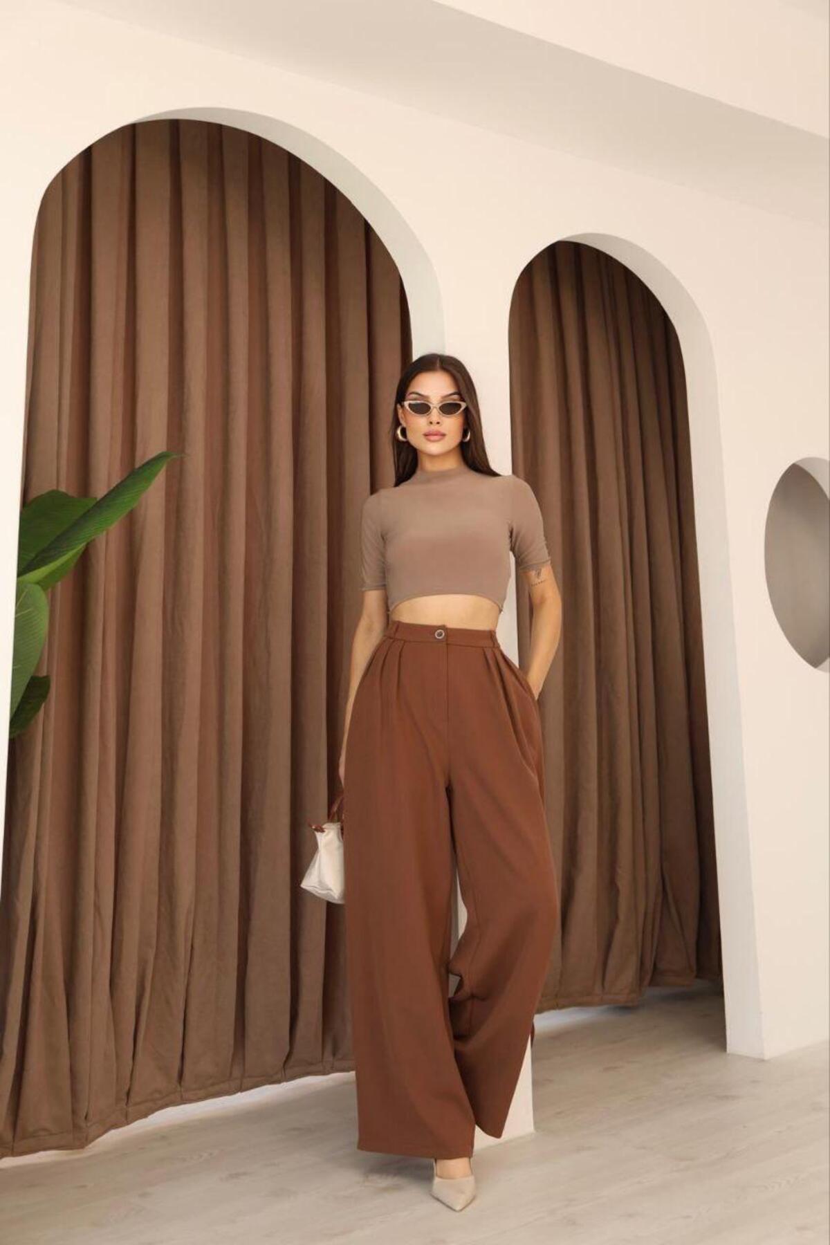 polle  Kadın Kahverengi Pileli Yüksek Bel Palazzo Pantolon - Görsel 4