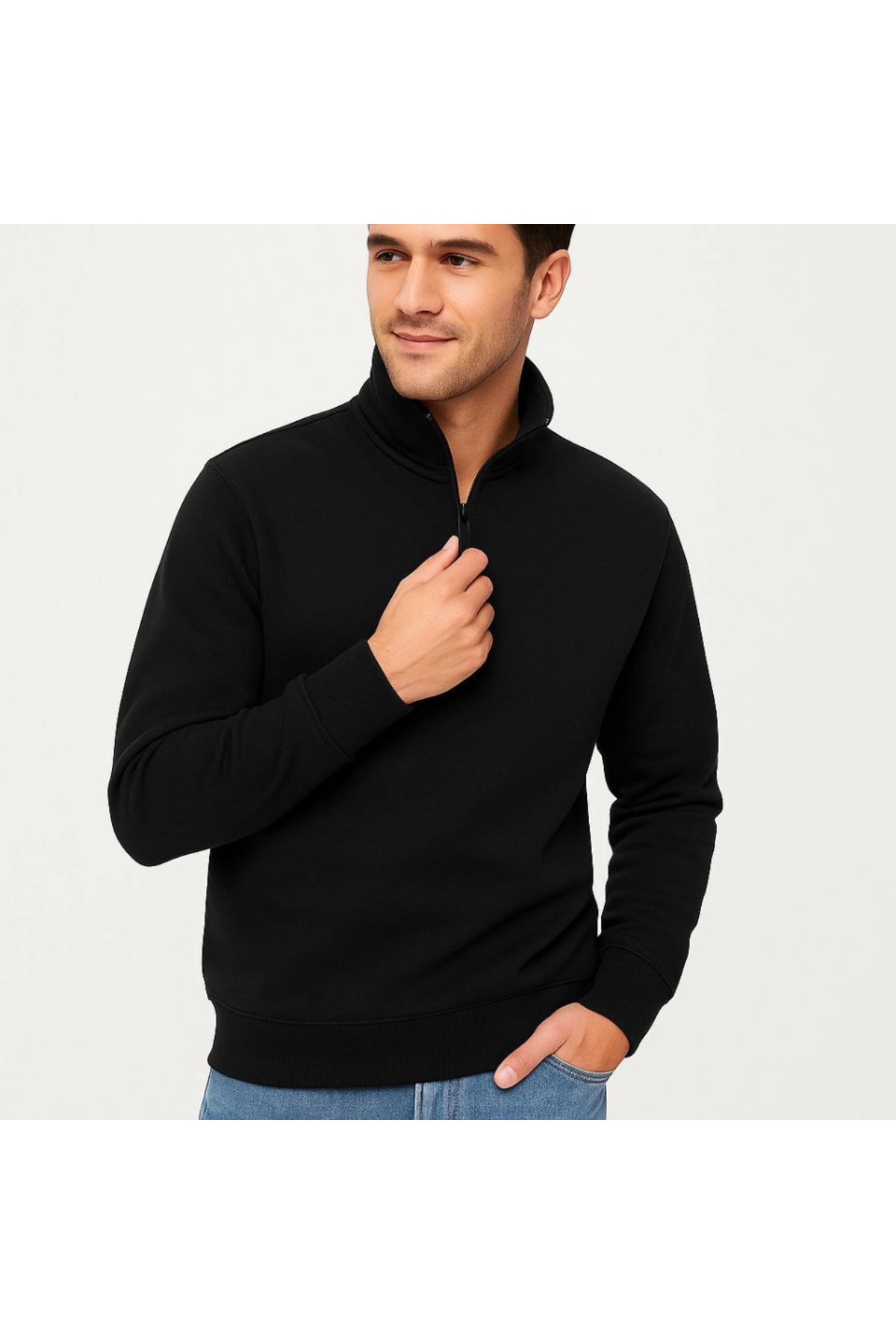 Erkek Dik Yaka Sweatshirt Dik Yaka Yarım Fermuarlı 3 İplik Şardonlu Pamuk Kumaş - Siyah