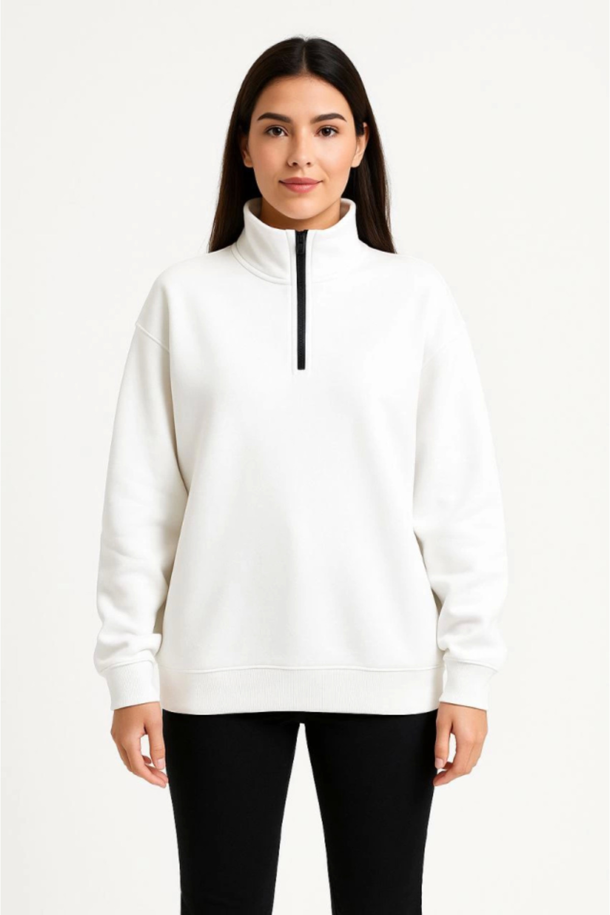 Üç İplik Dık Yaka Yarım Fermuarlı SweatShirt - Beyaz