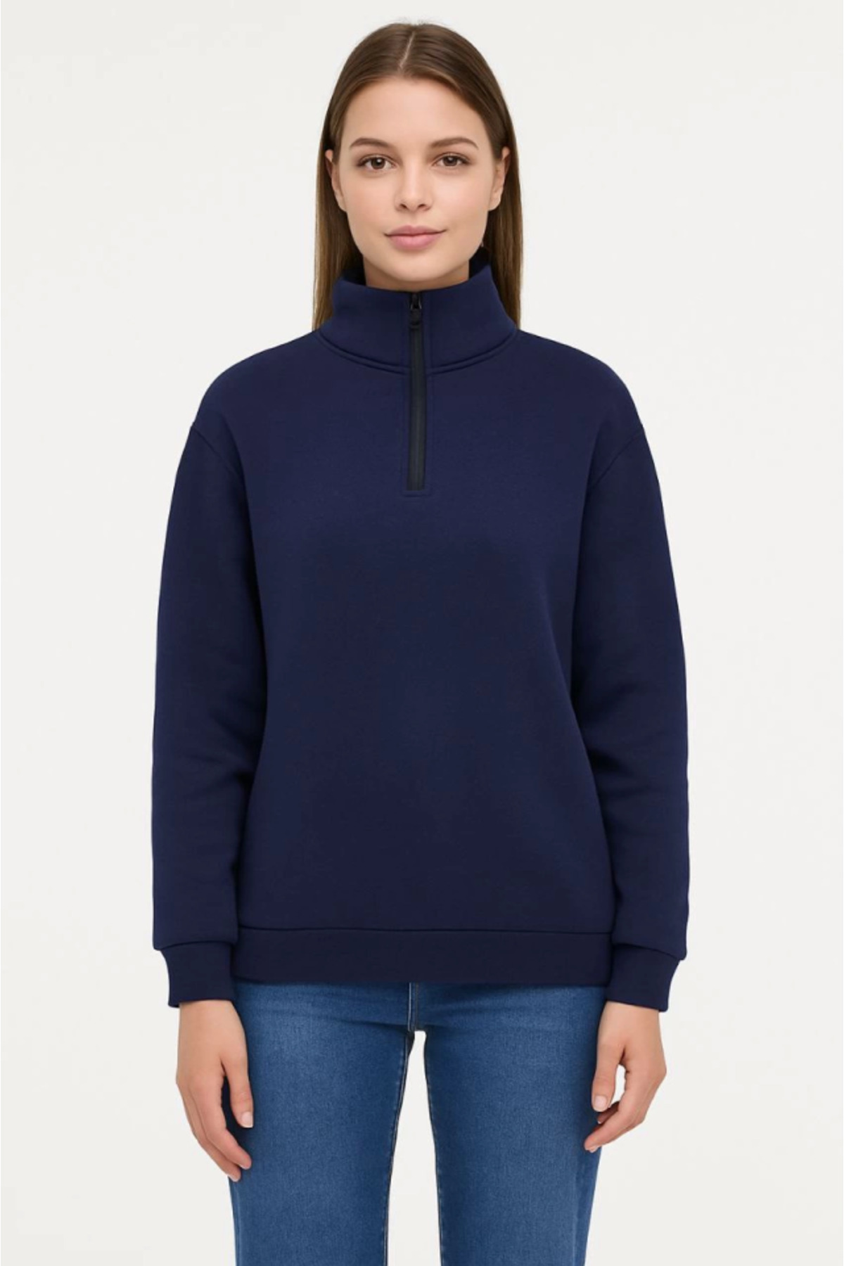 Üç İplik Dık Yaka Yarım Fermuarlı SweatShirt - Lacivert