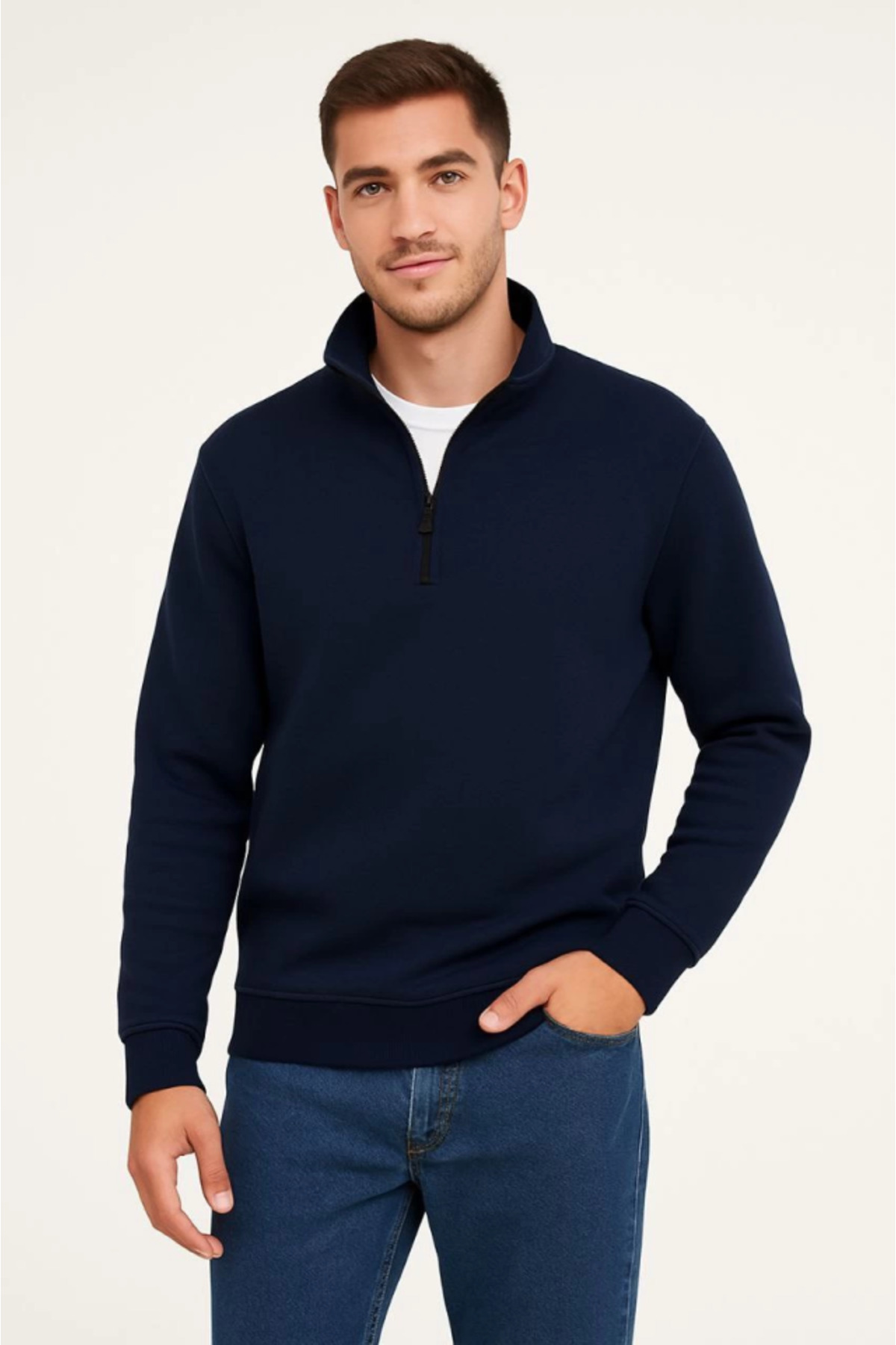 Erkek Dik Yaka Sweatshirt Dik Yaka Yarım Fermuarlı 3 İplik Şardonlu Pamuk Kumaş - Laciv
