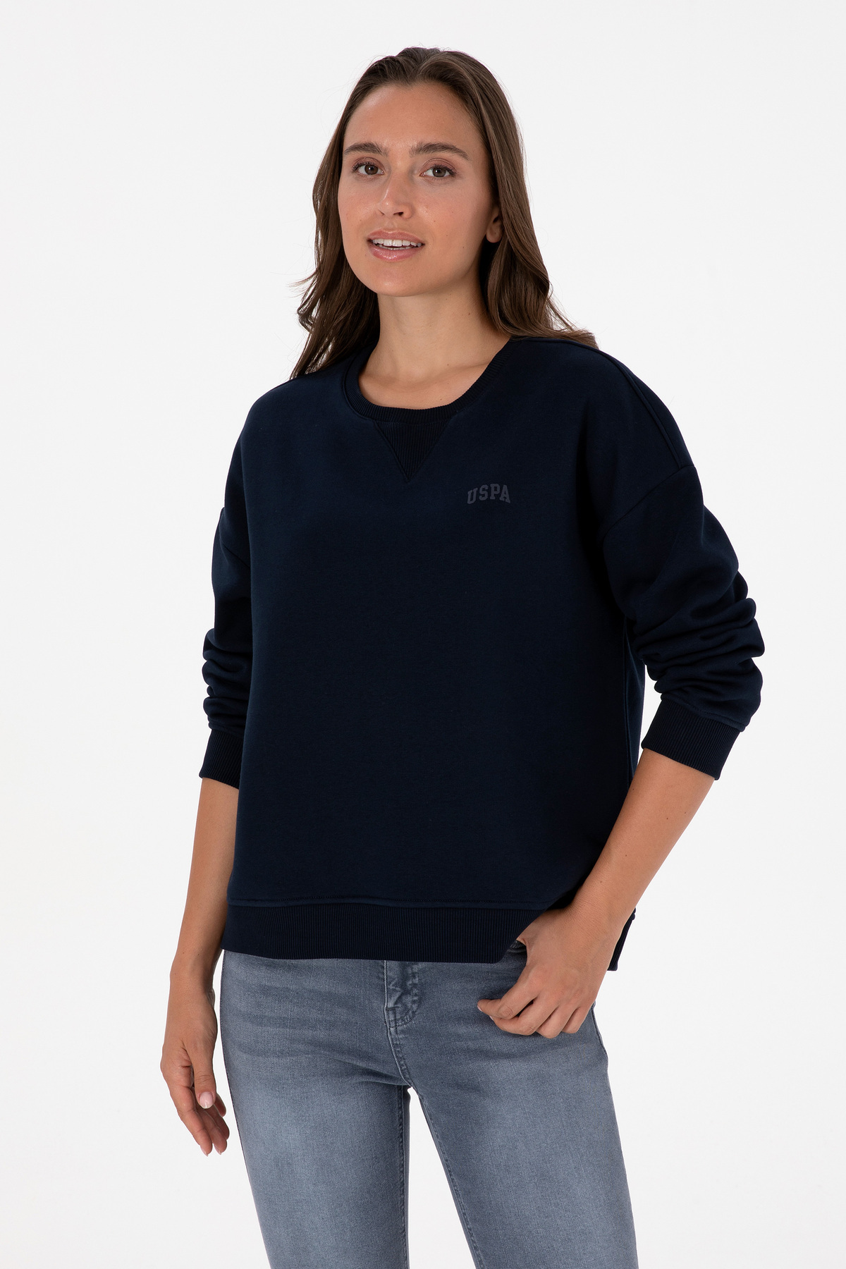 سویشرت یقه گرد زنانه سرمه‌ای برس خورده کد :(50313586-VR033) U.S. Polo Assn.