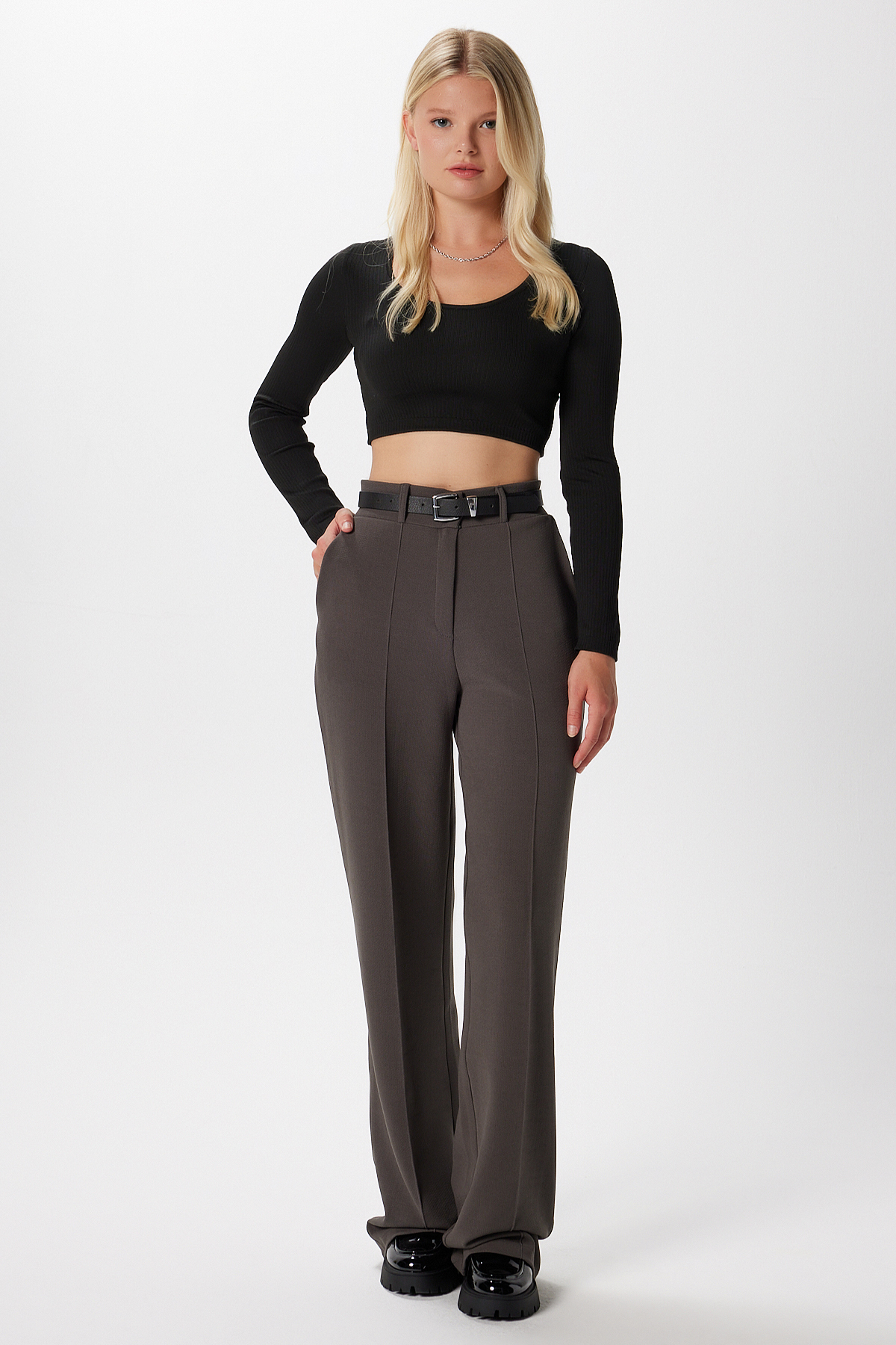 Ritnice  Likra Serisi Lift Süs Dikişli Esnek Antrasit Palazzo Pantolon - Görsel 2