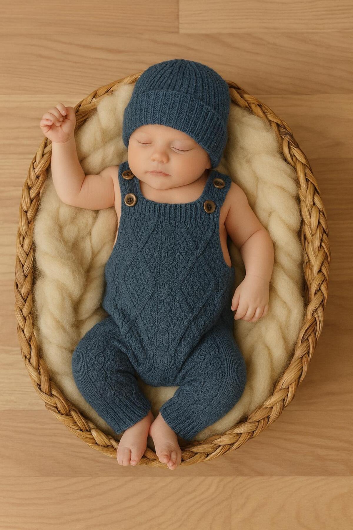 meriç bebe - bütün çocuklar melektir. mrc Kız Erkek Bebek Ayarlanabilir Askılı Baklava Desenli Bereli Triko Salopet Takımı fotoğrafı 5 (önizleme)