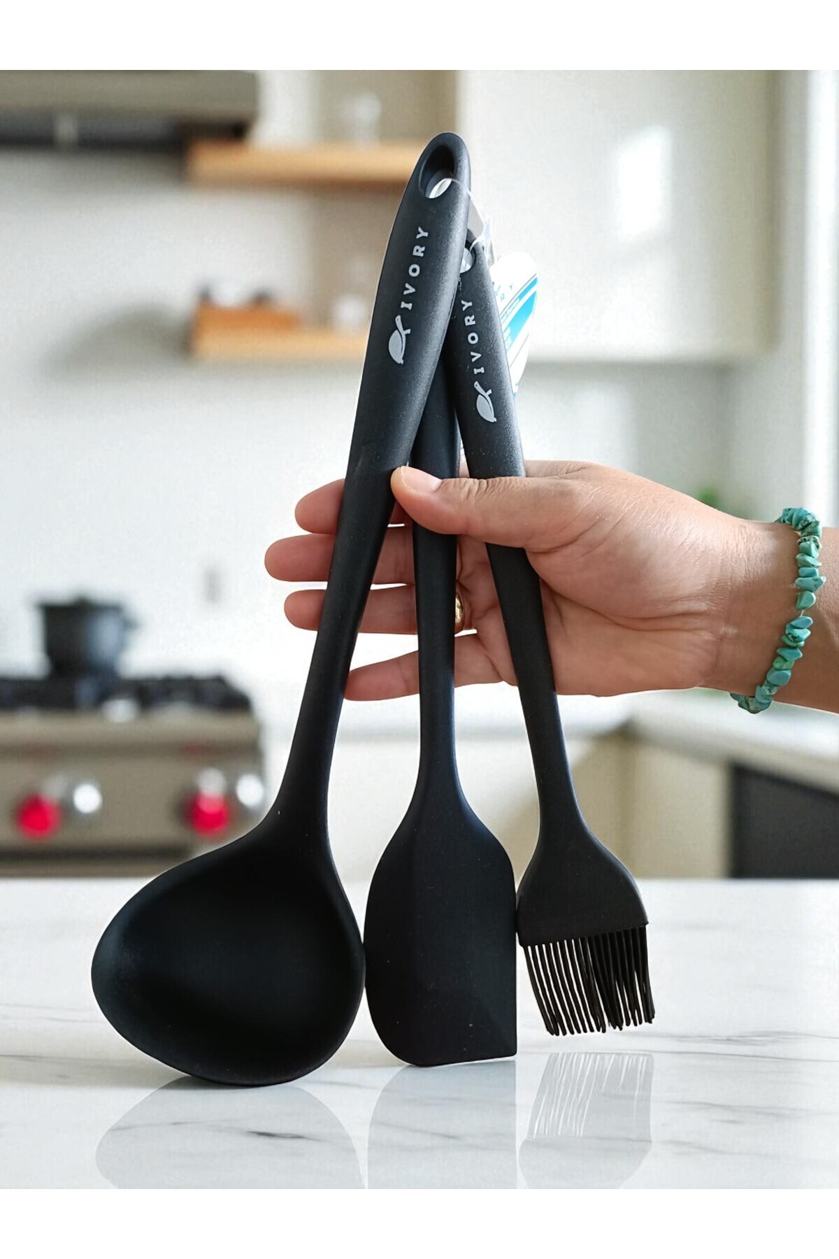 IVORY SİLİKON SPATULA FIRÇA VE KEPÇE SET 27 CM SİYAH RENK