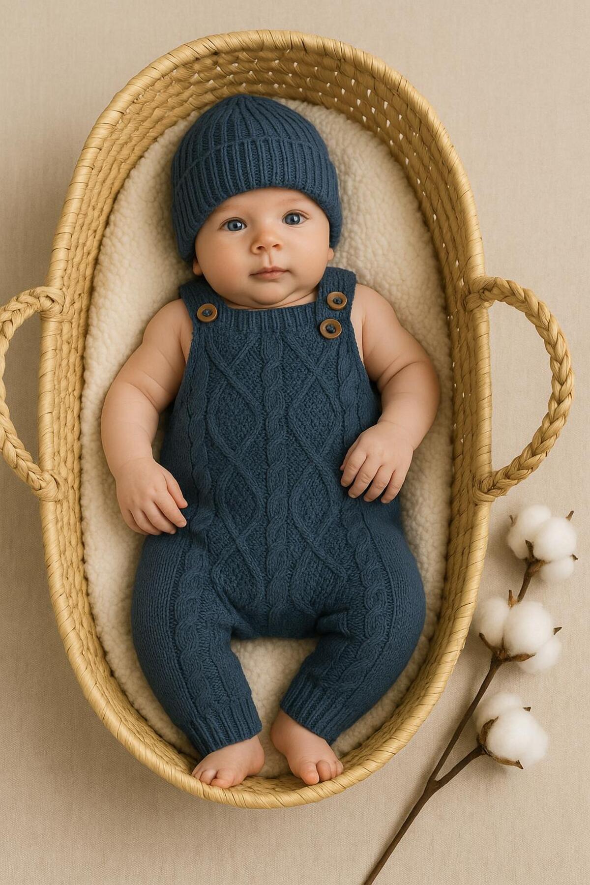 meriç bebe - bütün çocuklar melektir. mrc Kız Erkek Bebek Ayarlanabilir Askılı Baklava Desenli Bereli Triko Salopet Takımı fotoğrafı 6 (önizleme)