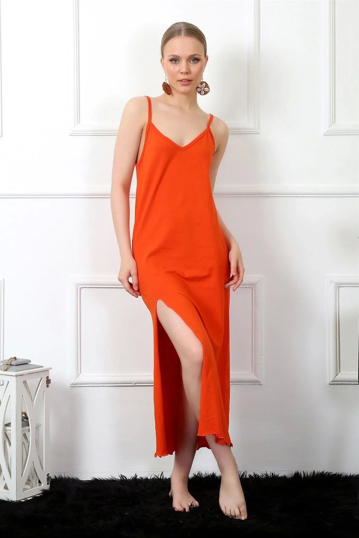 Beruflic Kadın İp Askılı Turuncu Uzun Gecelik