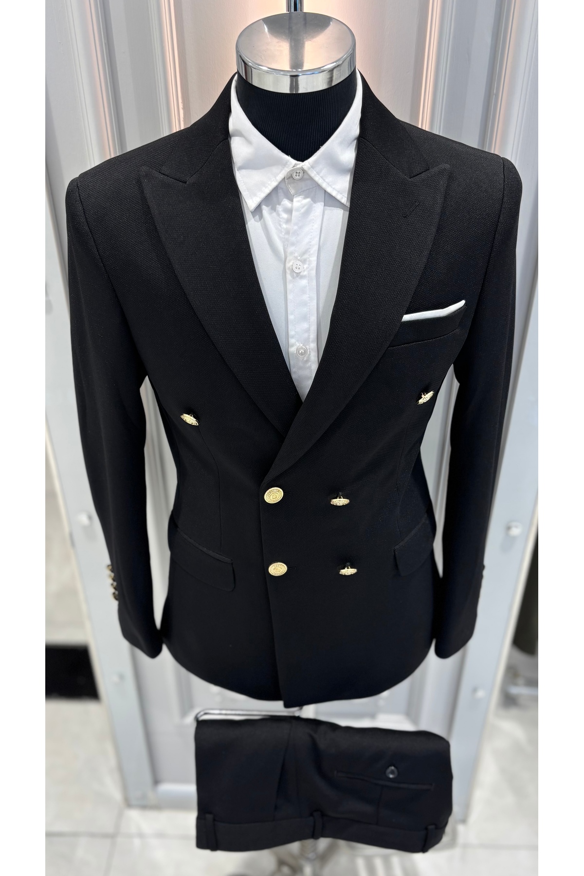 Erkek Kruvaze Slim Fit Takım Elbise — مشکی 293