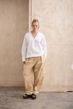 LUOKK ANNETTE V Yaka Poplin Gömlek Beyaz