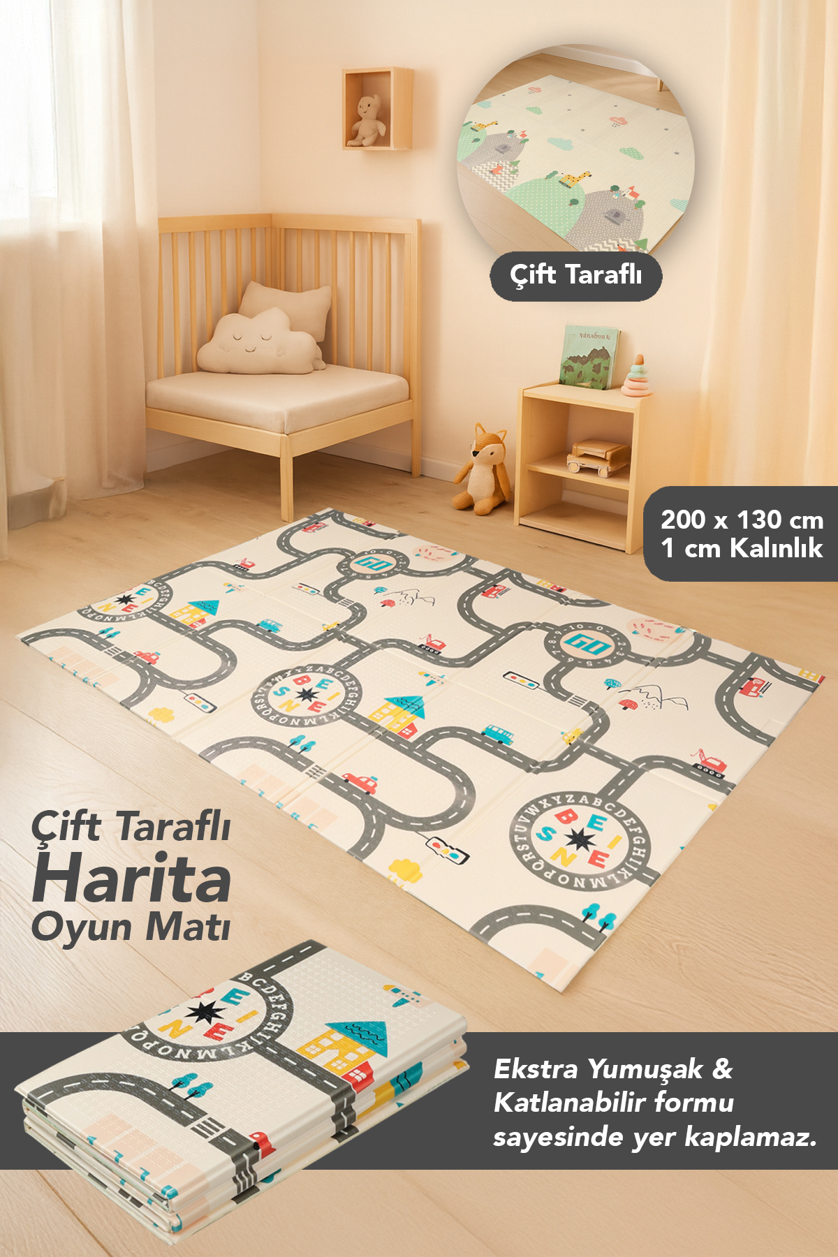 Meleni Baby Harita Desenli Çocuk Oyun Matı - Katlanabilir Çift Taraflı Oyun Halısı 200x130x1 cm