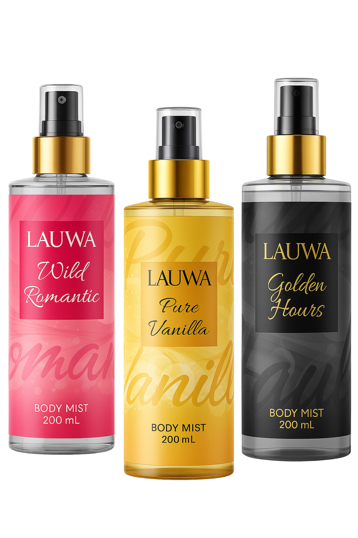 Lauwa Vücut Spreyi 3'lü set Pure Vanilla- Golden Hours-Wild Romantic Kalıcı Body Mist