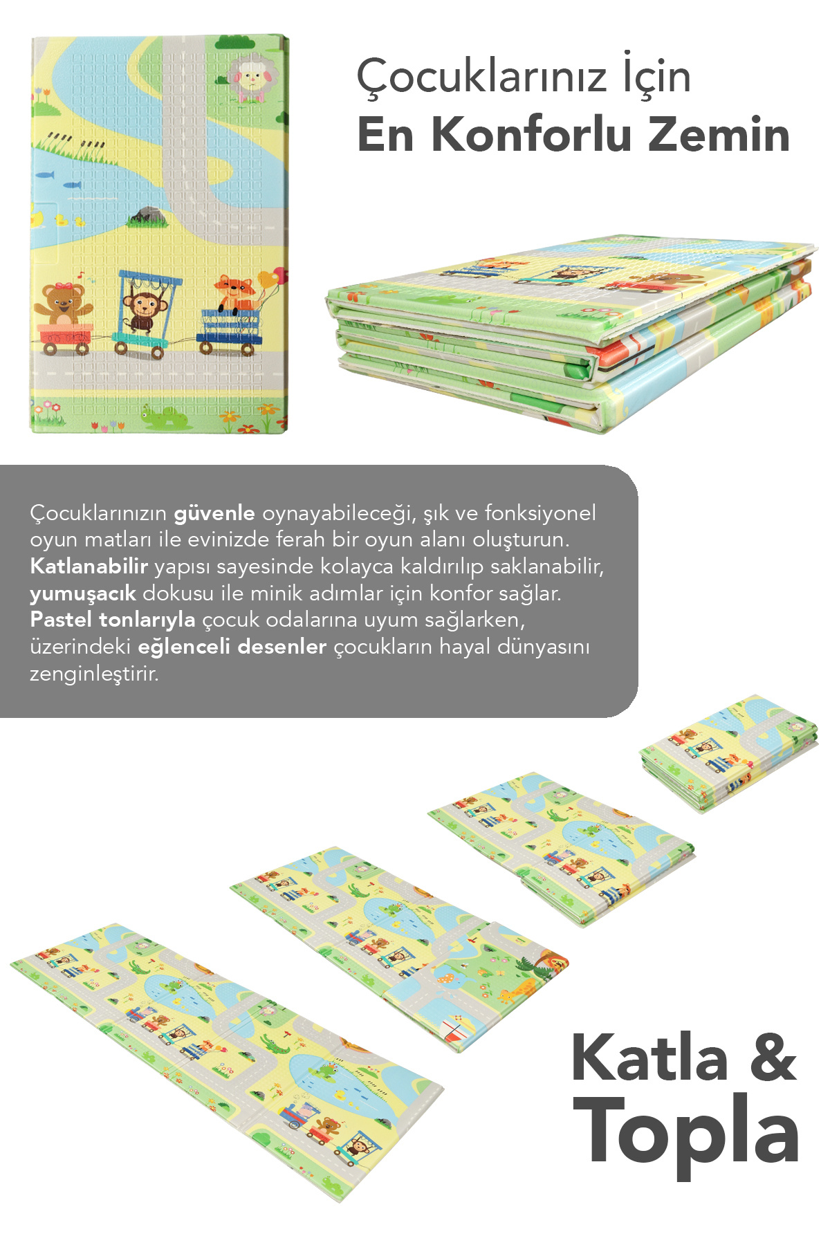 Meleni Baby Çift Taraflı Çocuk Halısı - Katlanabilir Orman ve Hayvan Desenli Bebek Çocuk Oyun Matı 130x200 cm fotoğrafı 3 (önizleme)