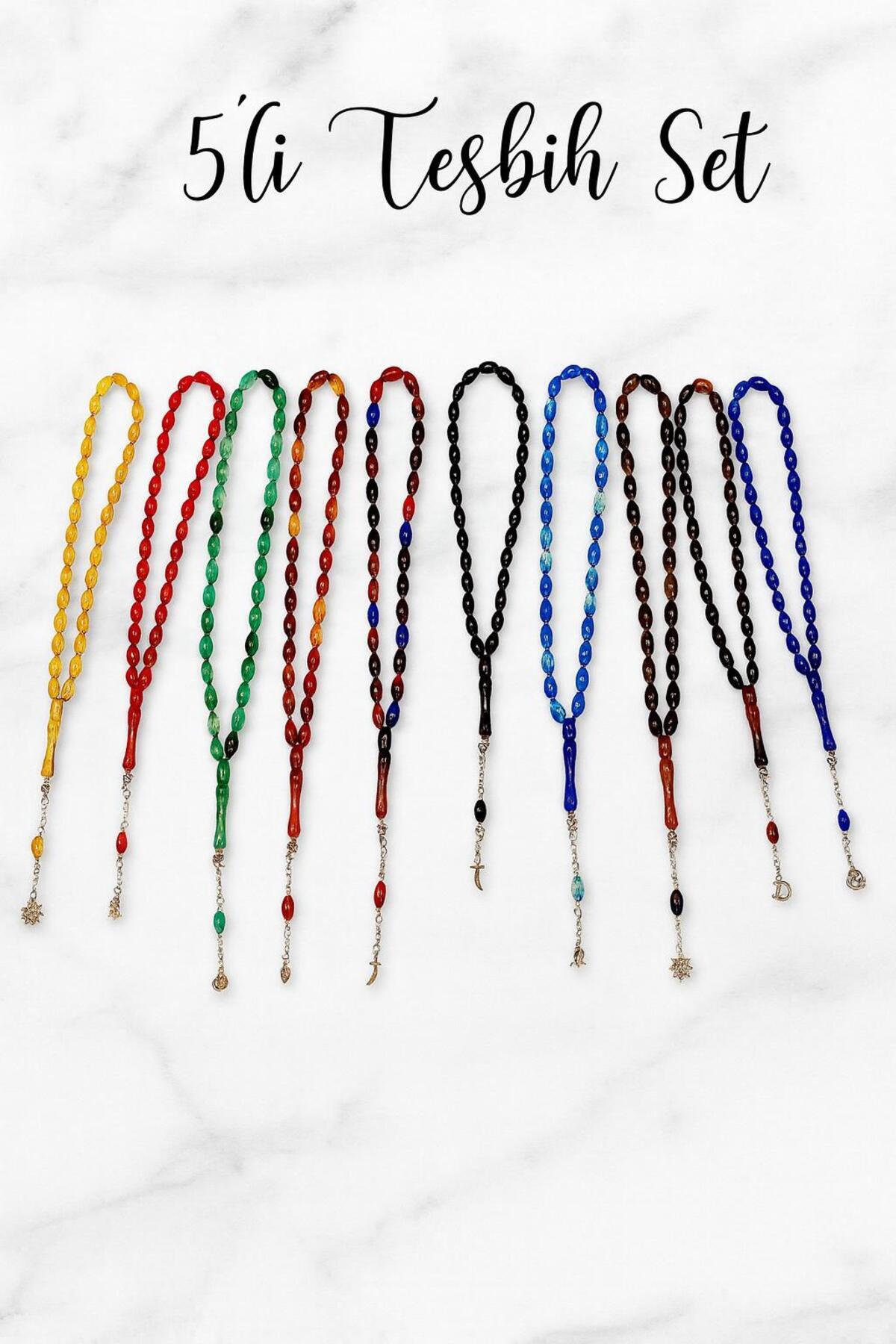 Lio20 5'li Karışık Renkli Parlak Plastik Tesbih Seti – Hediyelik Bujiteri Aksesuar