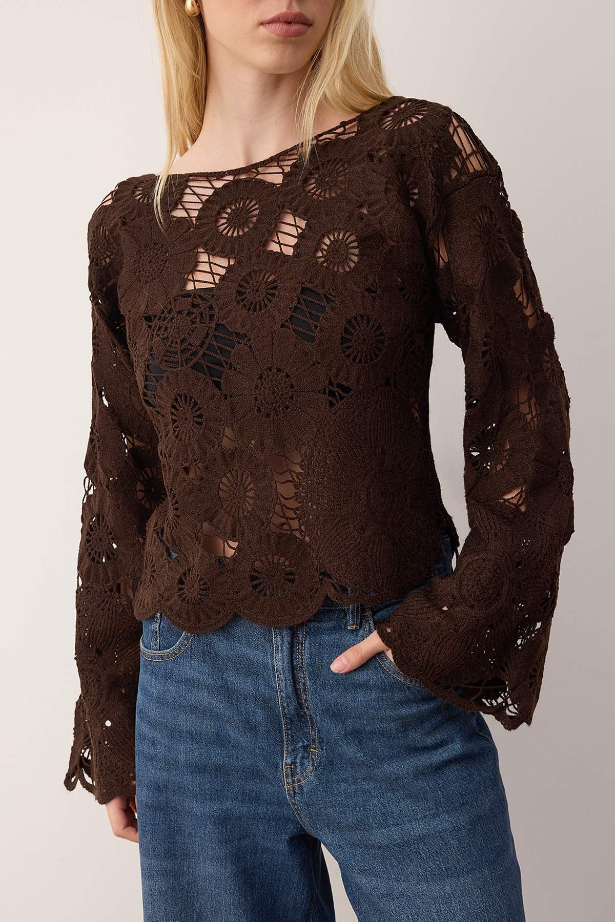 Trendyolmilla  Kahverengi Kroşe Detaylı Triko Kazak TWOAW26KZ00247 - Görsel 2