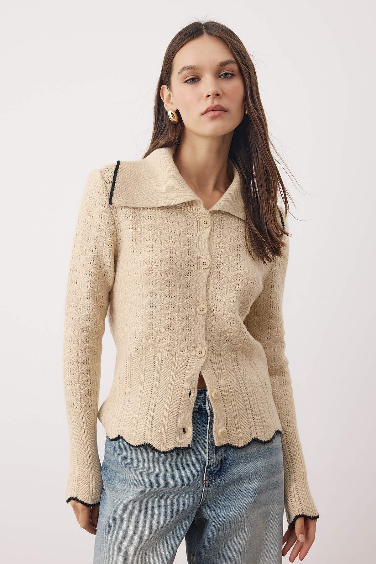 Trendyolmilla  Taş Devrik Yaka Pointelle Fitted Triko Hırka TWOAW26HI00073 - Görsel 5