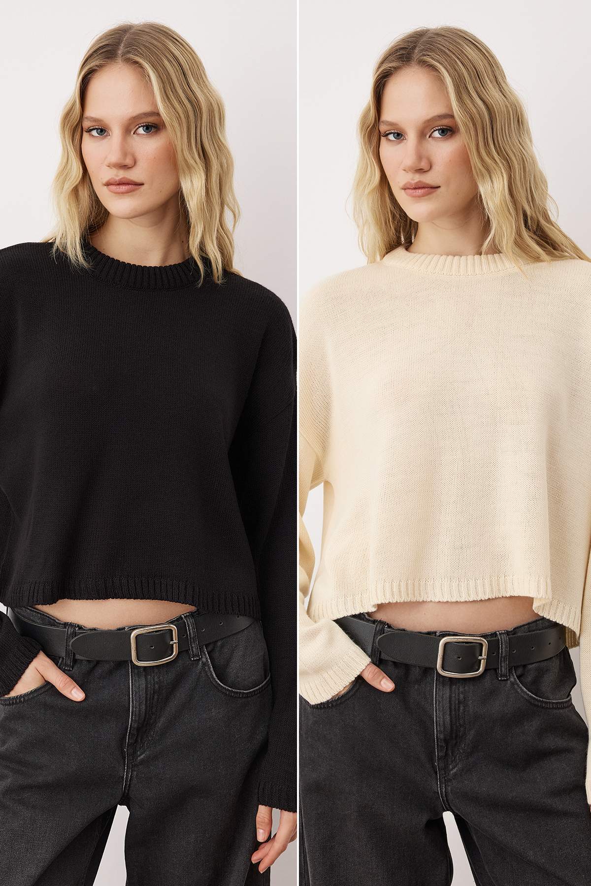 Trendyolmilla  Ekru-Siyah 2'li Basic Paketli Triko Kazak TWOAW26KZ00256