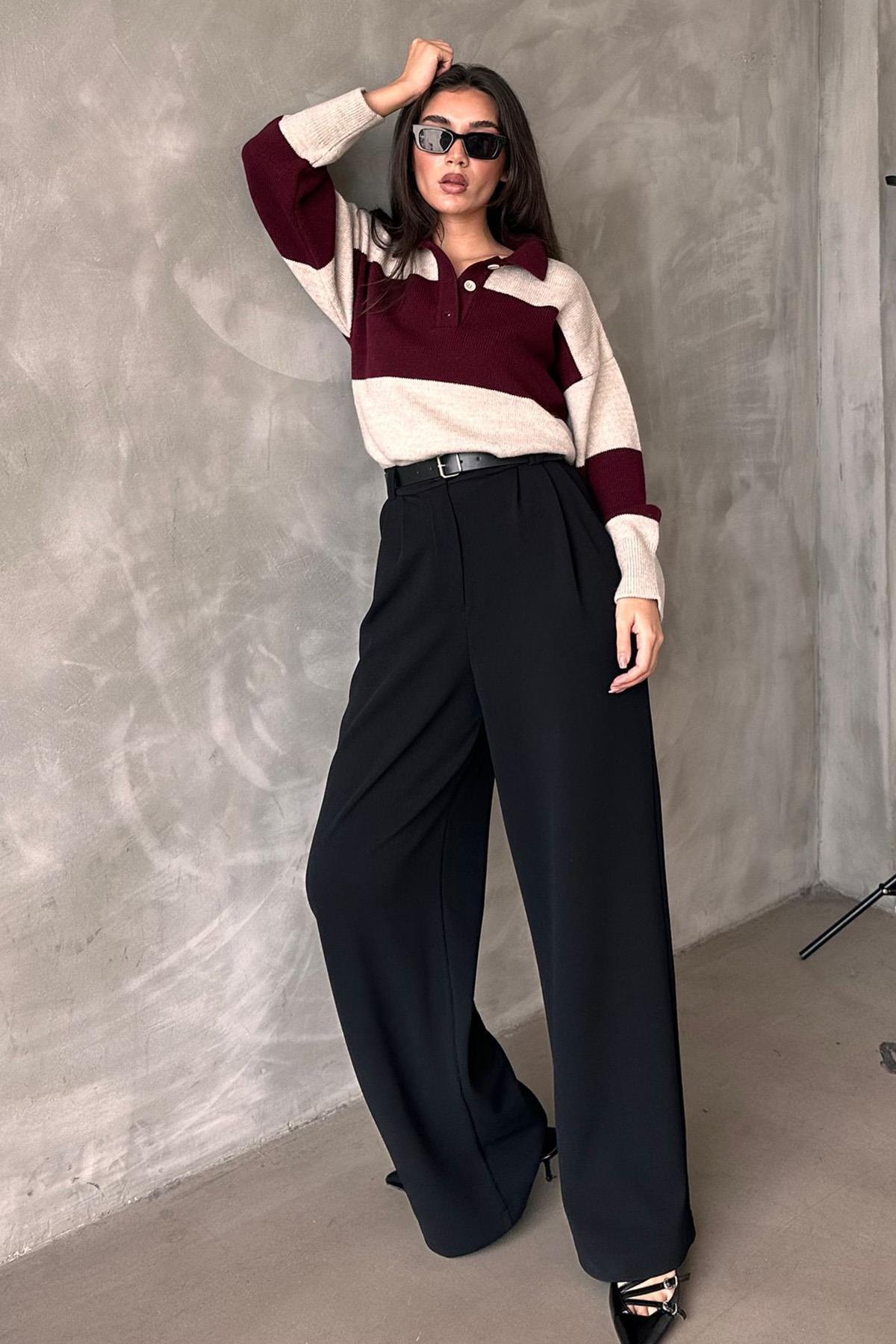 Madmext Siyah Çift Pileli Kemerli Pantolon Mg2330
