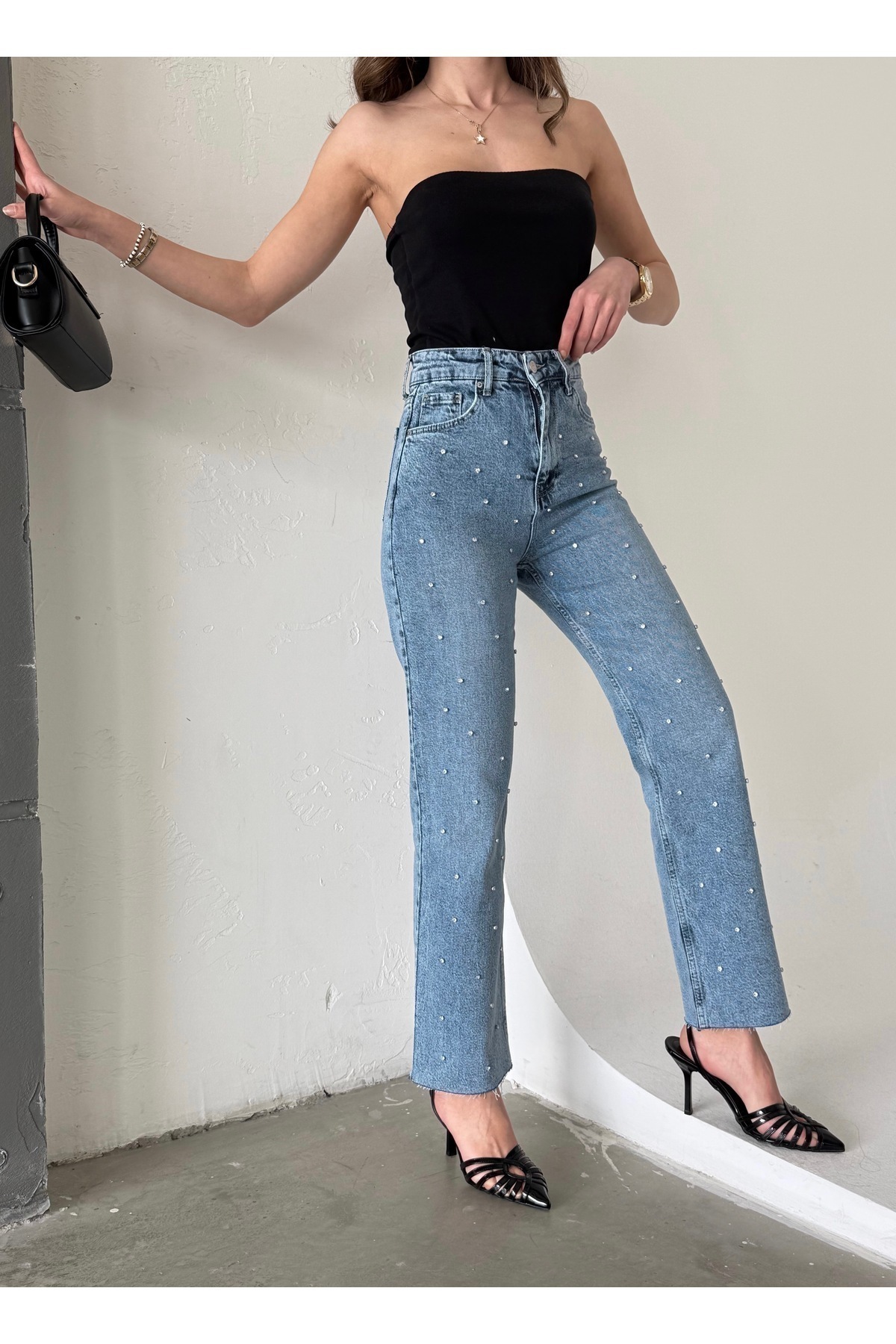 Bluezoni  Kadın Mavi Renk Parlak Taşlı Wide Leg Özel Tasarım Denim Palazzo Pantolon - Görsel 3