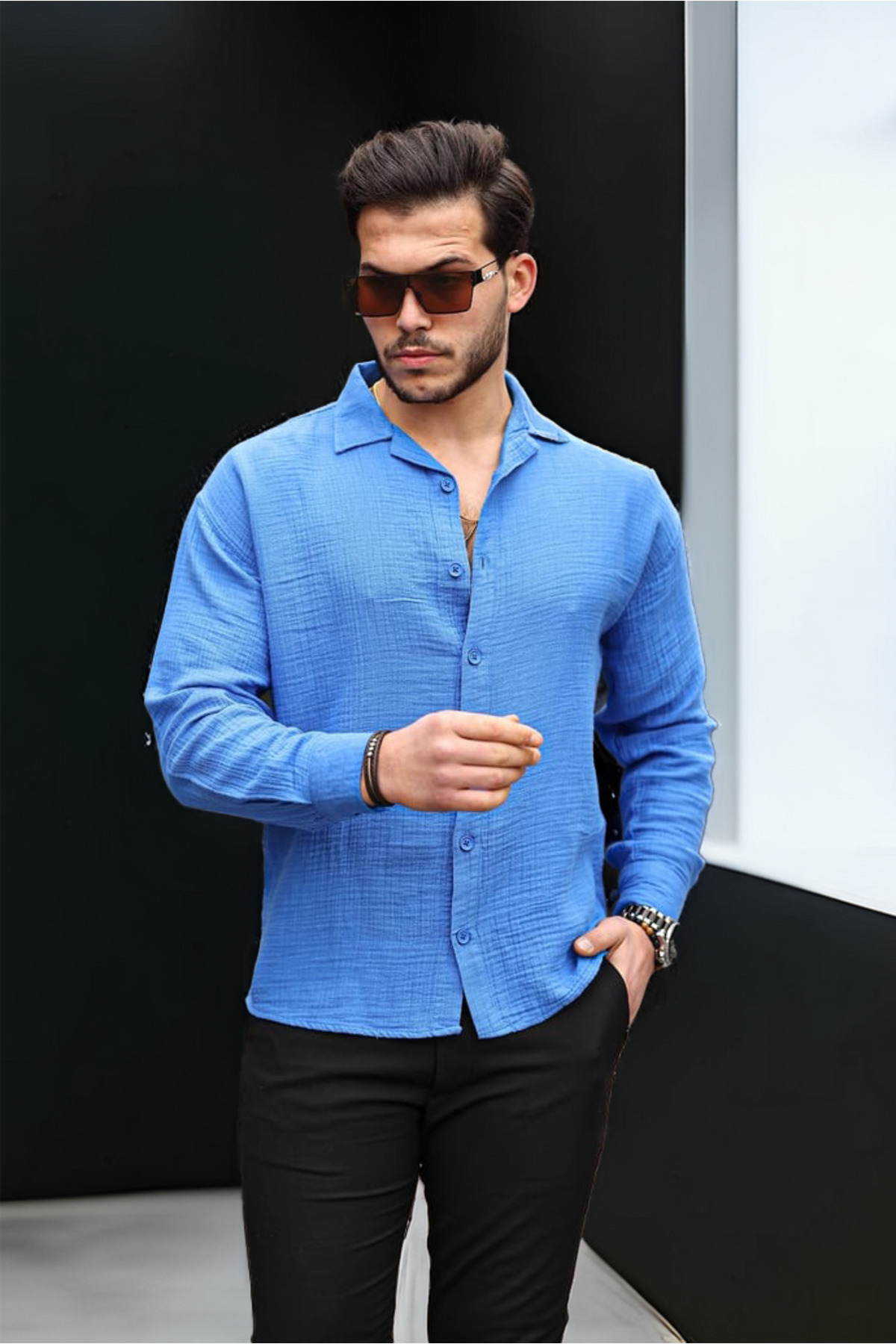 Apash Collar Oversized Muslin Fabric Shirt- Parlement Blue