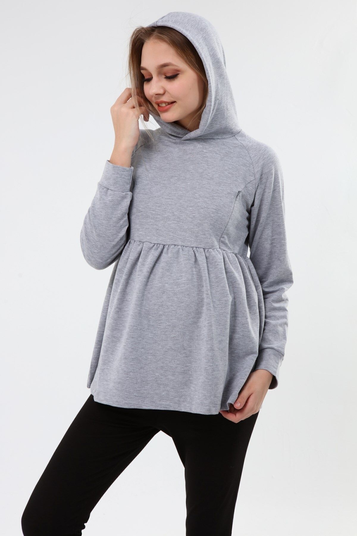 Luvmabelly Myra4530 Büzgülü Fermuarlı Emzirme Sweatshirt -gri görsel 2
