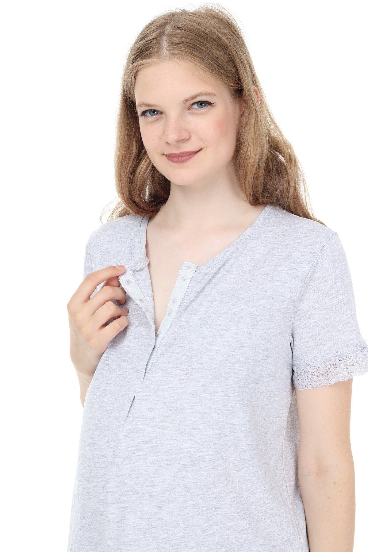 Luvmabelly Myra9590 Önden Çıt Çıtlı Dantelli Hamile Geceliği - Gri fotoğrafı 4 (önizleme)