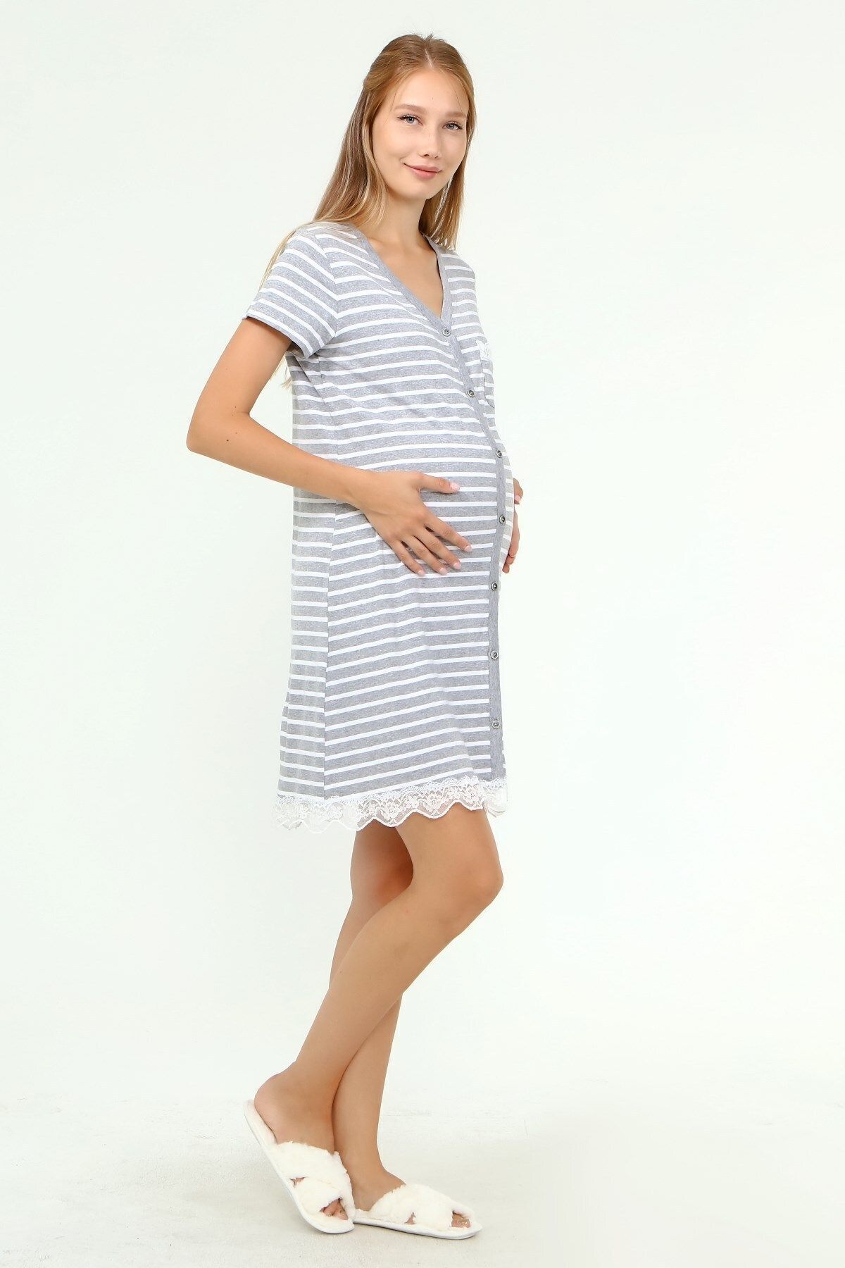 Luvmabelly Myra9720 - Düğmeli Dantelli Cepli Hamile Geceliği -çizgili Gri fotoğrafı 2 (önizleme)
