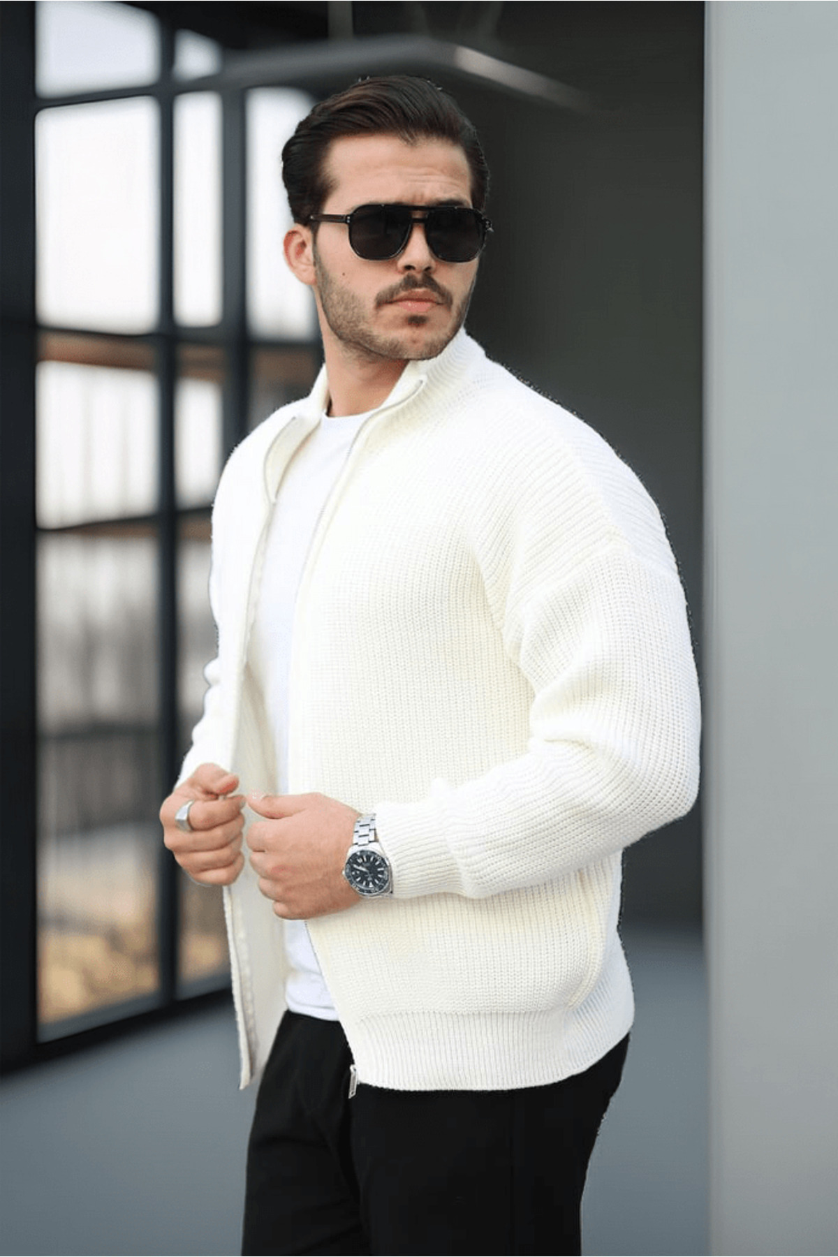 Valiberta  Woody Oversize Selanik Örme Fermuarlı Erkek Hırka- Ekru - Görsel 4