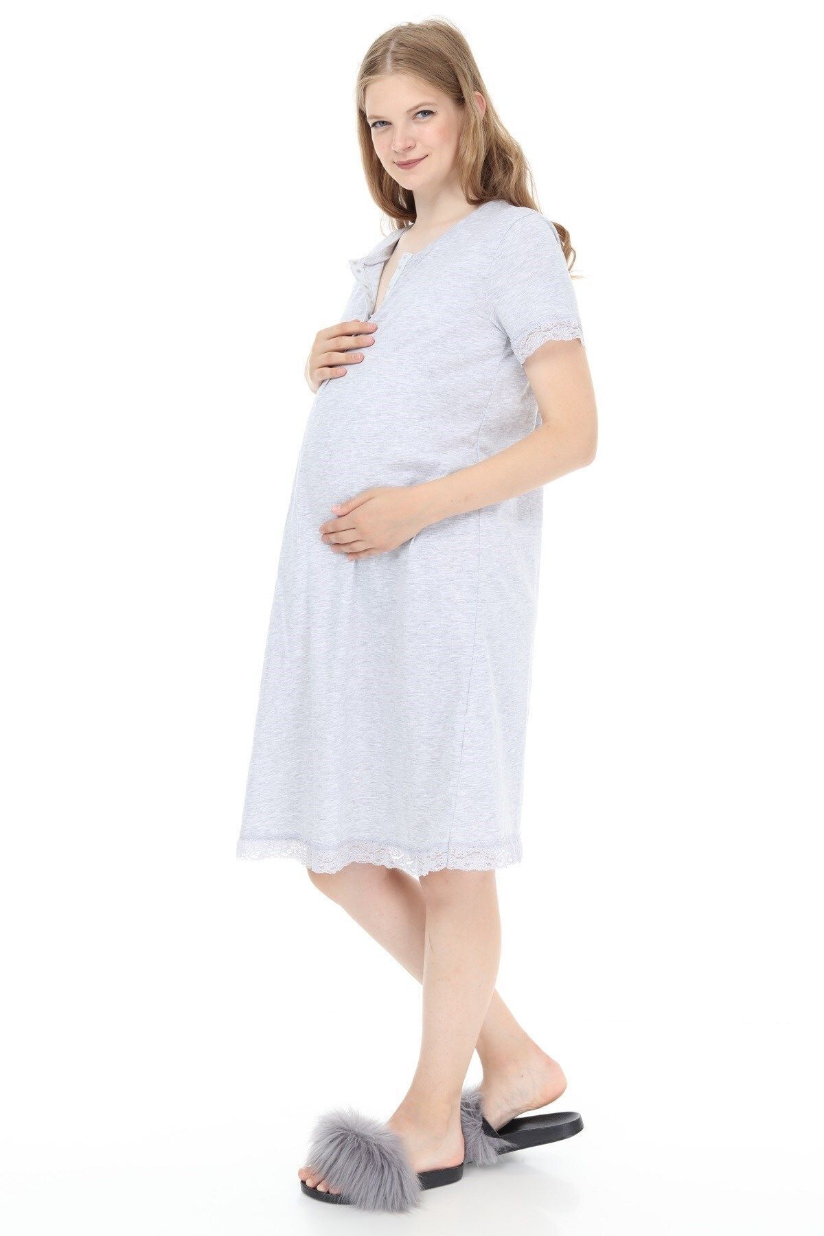 Luvmabelly Myra9590 Önden Çıt Çıtlı Dantelli Hamile Geceliği - Gri fotoğrafı 3 (önizleme)