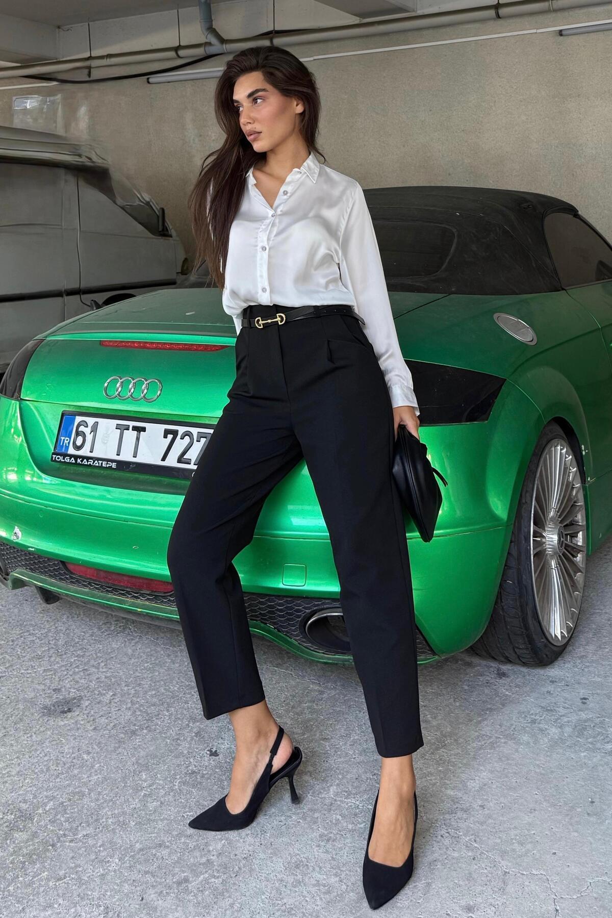 Madmext Siyah Yüksek Bel Pileli Kadın Kumaş Pantolon Mg2507 görsel 5