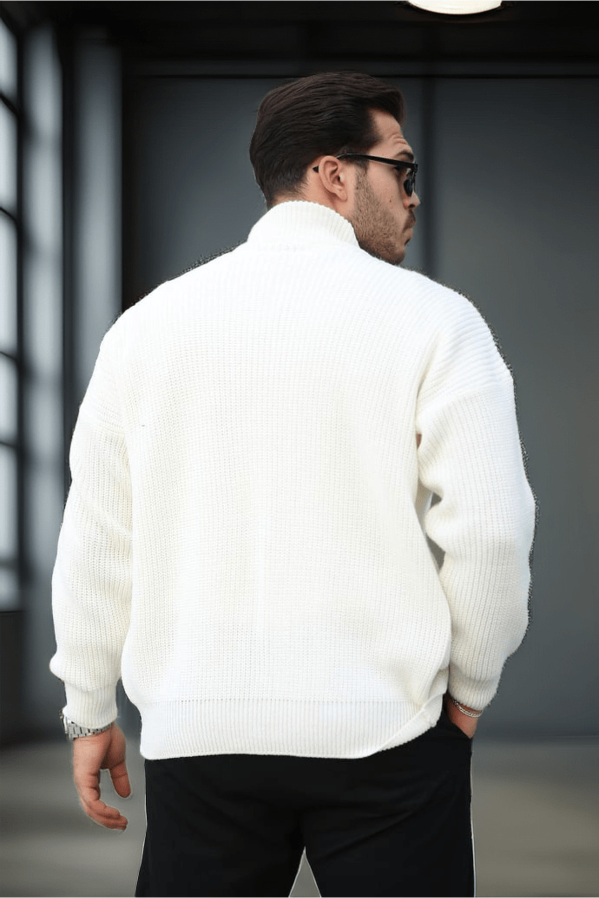 Valiberta  Woody Oversize Selanik Örme Fermuarlı Erkek Hırka- Ekru - Görsel 8