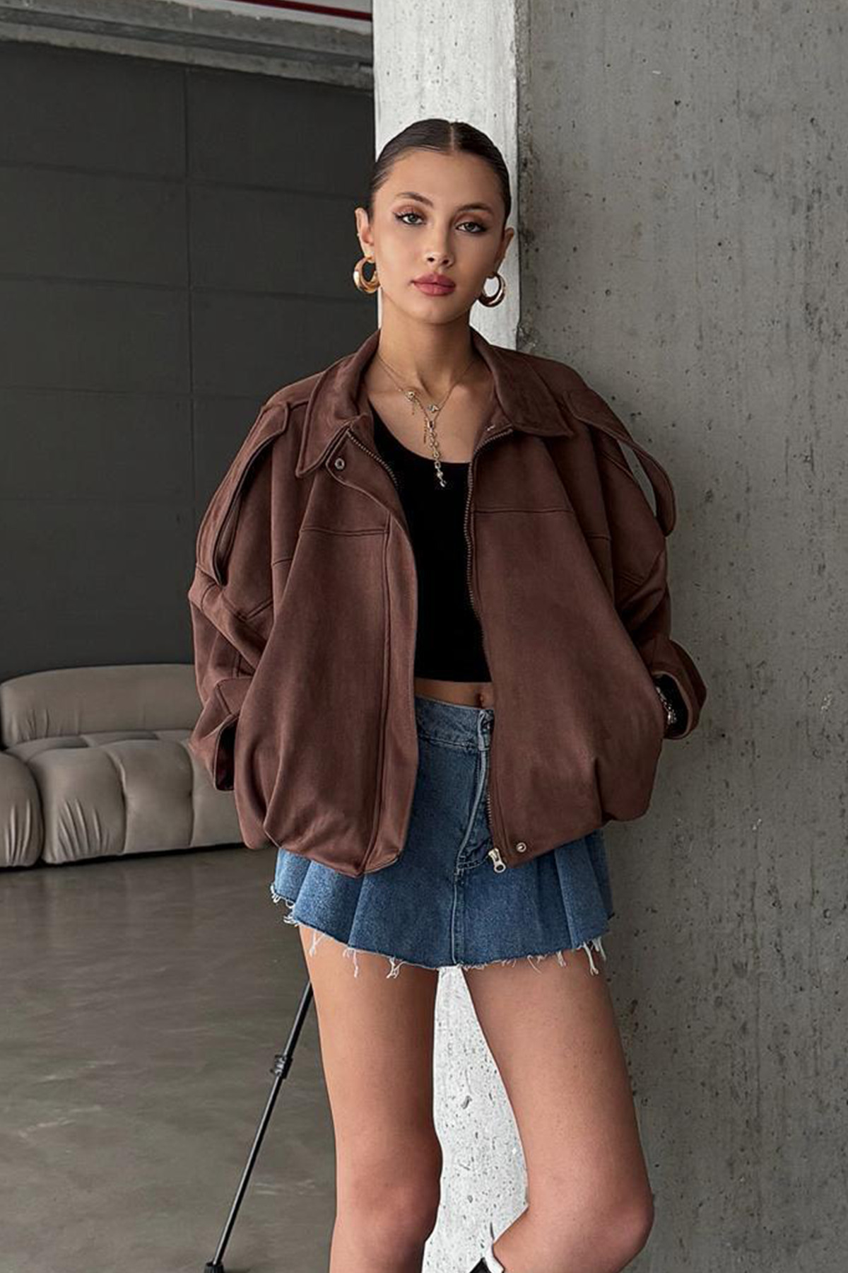 NET OF NOT  Oversize Kadın Bomber Acı Kahve Süet Deri Ceket - Görsel 2