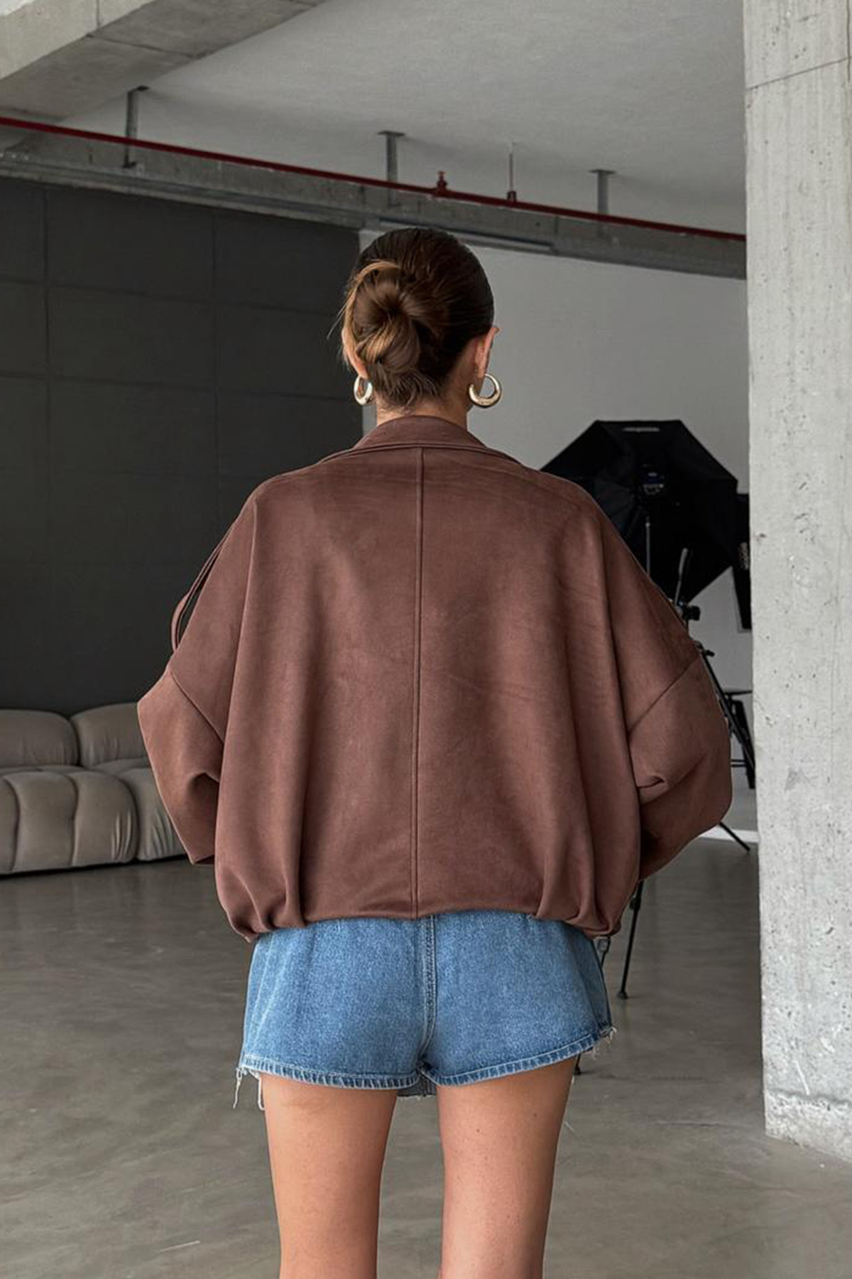 NET OF NOT  Oversize Kadın Bomber Acı Kahve Süet Deri Ceket - Görsel 3