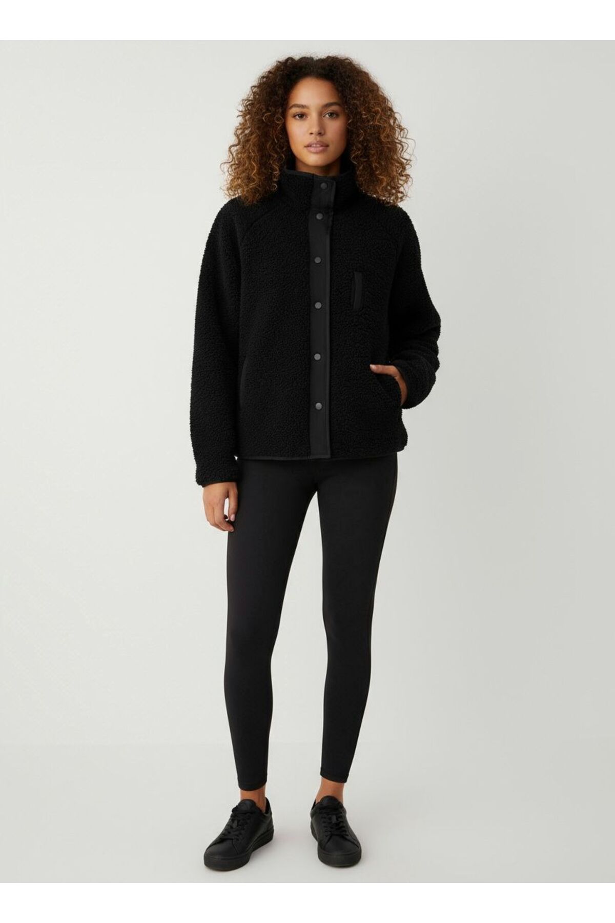 Grenj Fashion  Siyah Oversize Peluş Örme Spor Ceket - Görsel 6